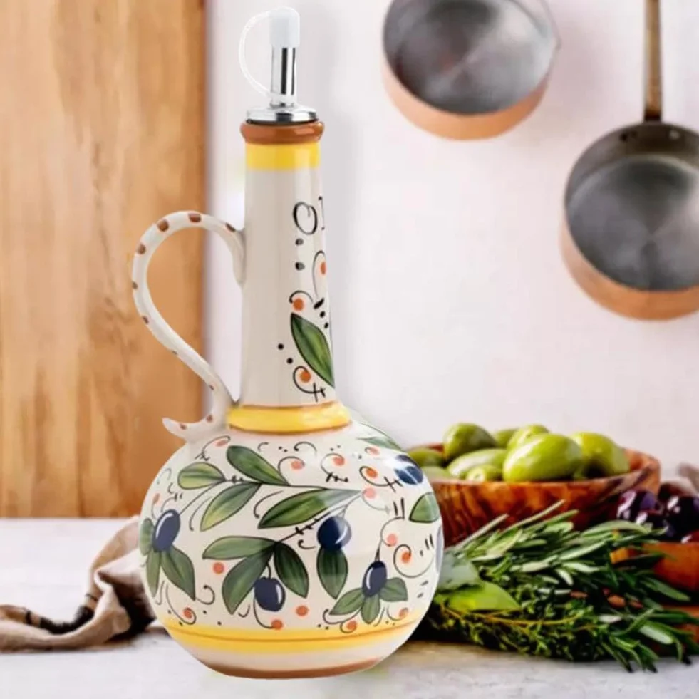 Generic Ceramiczny olej z oliwek, 500 ml, ręcznie malowana, z dziobkiem ze stali nierdzewnej, do olejów, sosów, octu