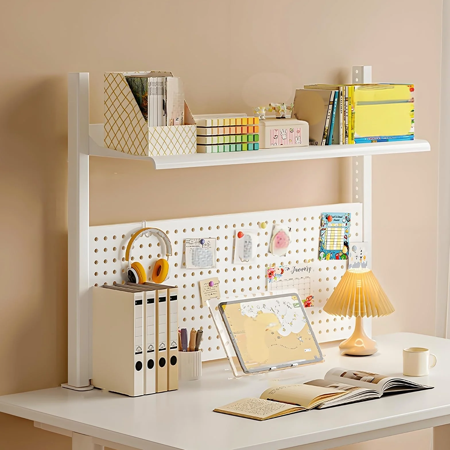 Regał na książki i domek na biurko z haczykami na pegboard metalowy stojak do przechowywania do domowego biura i akademika - 60 x 18 x 66 cm (24 x 7 x 26 cali) - stylowy regał na blat