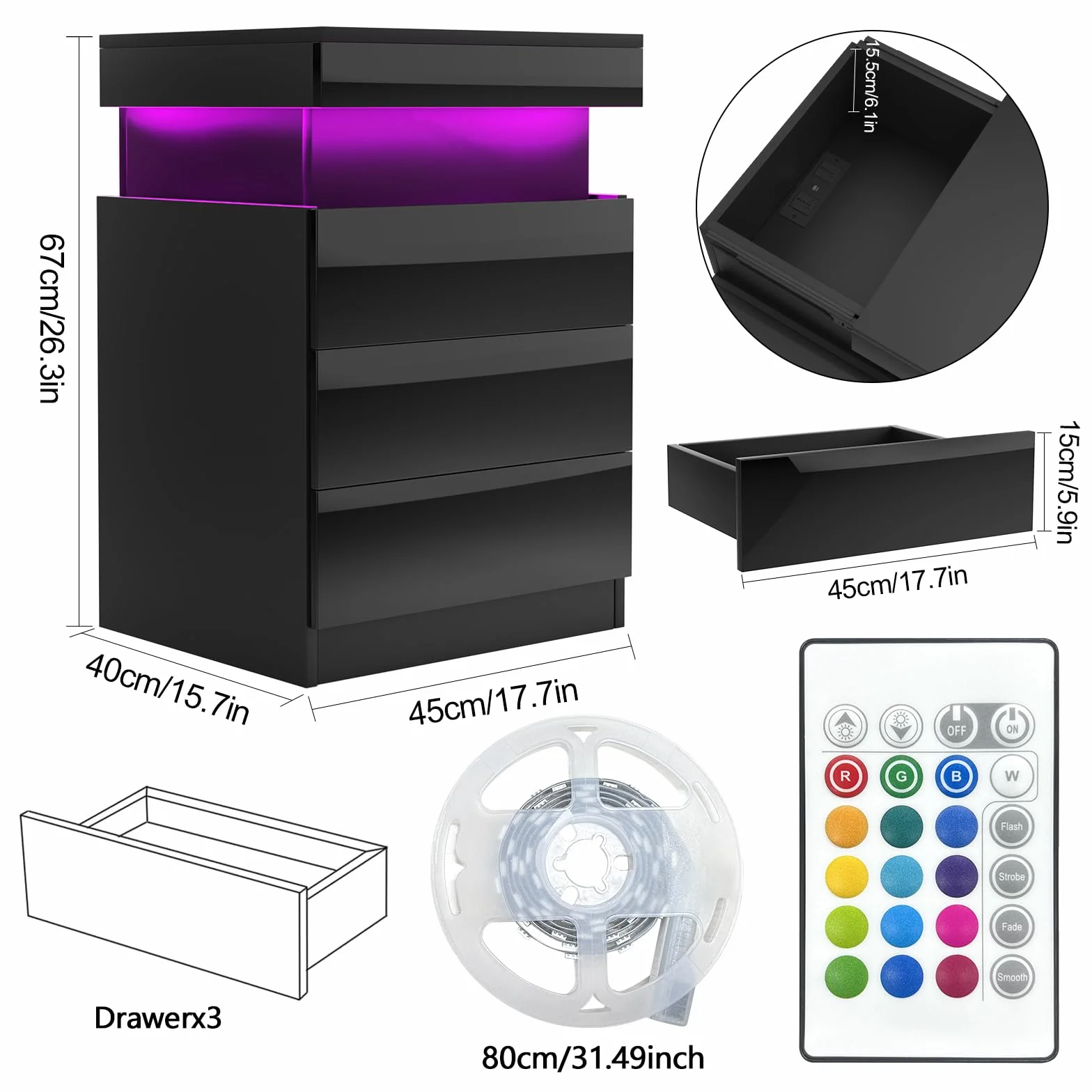 Led-stolik nocny, drewniany led-stolik nocny z 3 szufladami, stólik nocny z ładowarka, wysokopołyskowny stolik nocny ze schowkiem, stolik nocny (2, czarny)