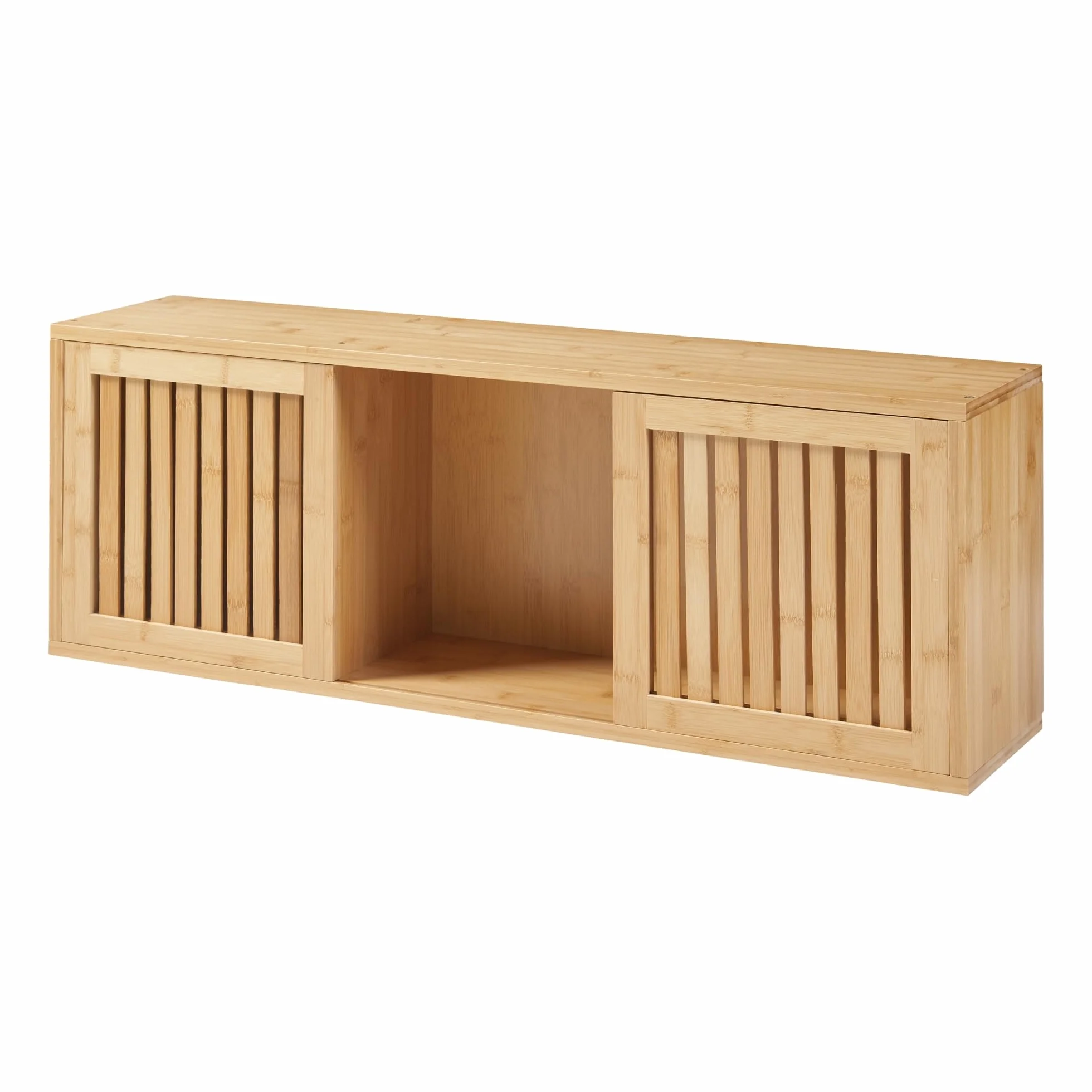[en.casa] Grums Regał ścienny, regał wiszący z 2 drzwiami przesuwnymi, regał na książki, wiszący regał z bambusa, 92,5 x 20 x 33 cm, do salonu, kuchni, łazienki