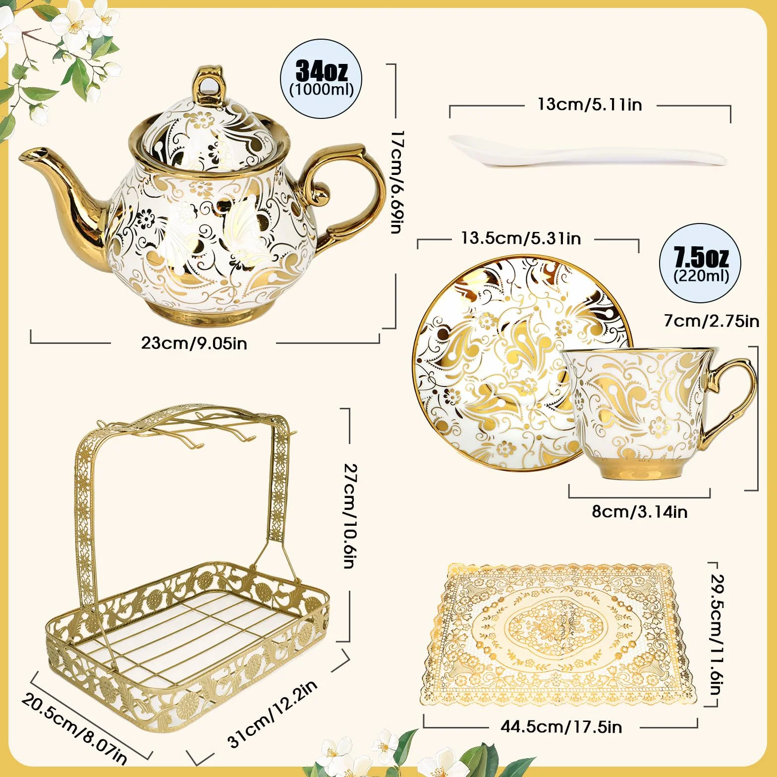 20-częściowy porcelanowy zestaw do herbaty z metalowym uchwytem, europejski ceramiczny zestaw do herbaty dla dorosłych kobiet, czajniczek o pojemności 1000 ml, piękny zestaw filiżanek do kawy i herb