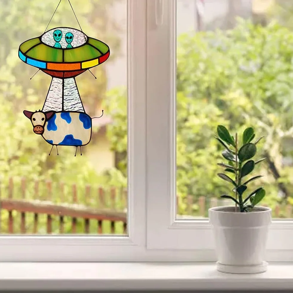 UFO Malowane Witraż Wiszący Panel Drzwi Wiszące Ogród Wystrój Cętkowany B