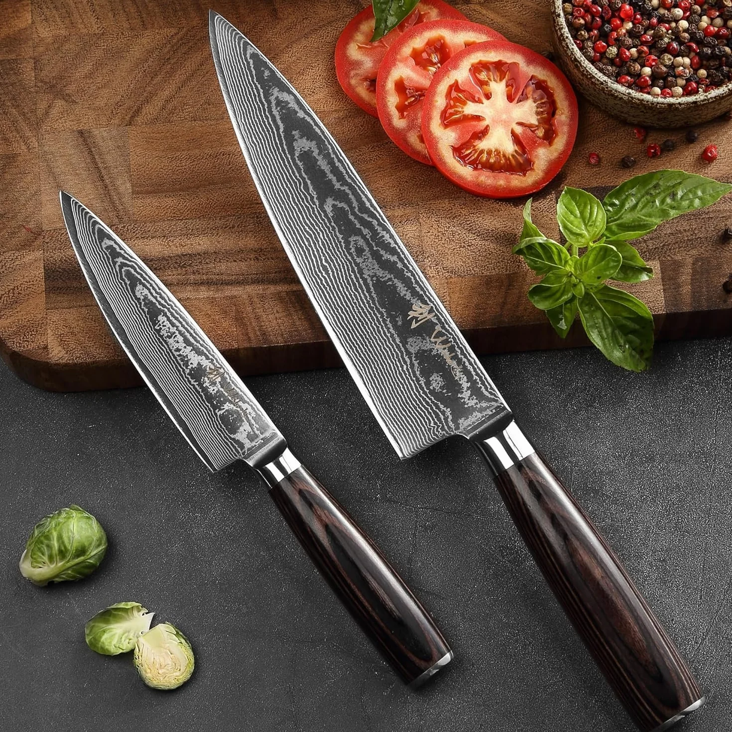 Wakoli EDIB Essentials Santoku 2-częściowy zestaw noży kuchennych 30 i 24 cm ze stali damasceńskiej z 67 warstw stali damasceńskiej z uchwytem z drewna Pakka, nóż do warzyw w zestawie pudełko na