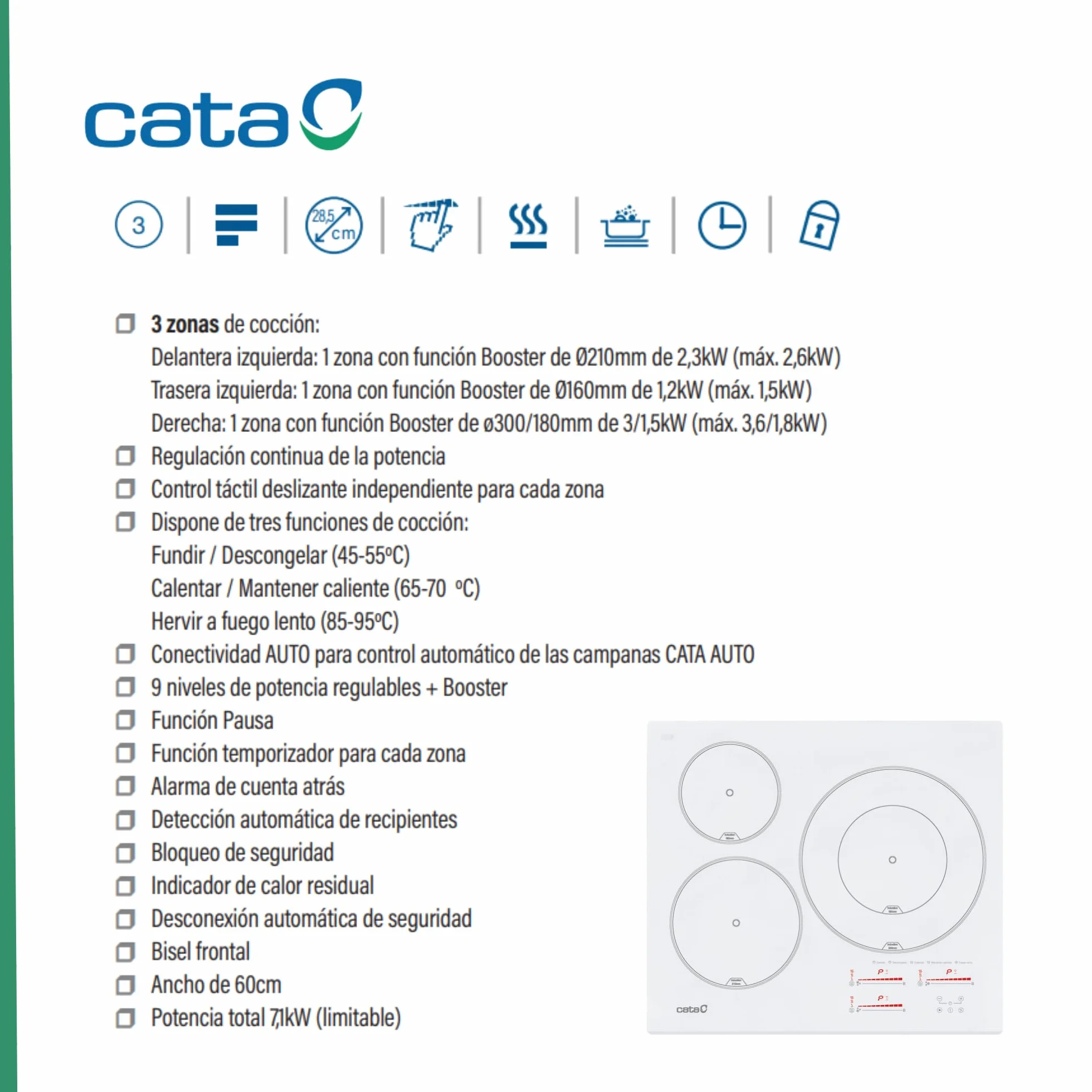 Degustacja | Płyta indukcyjna | Model INSB 6030 WH | 3 strefy gotowania | 9 poziomów mocy + Booster | Szerokość 60 cm