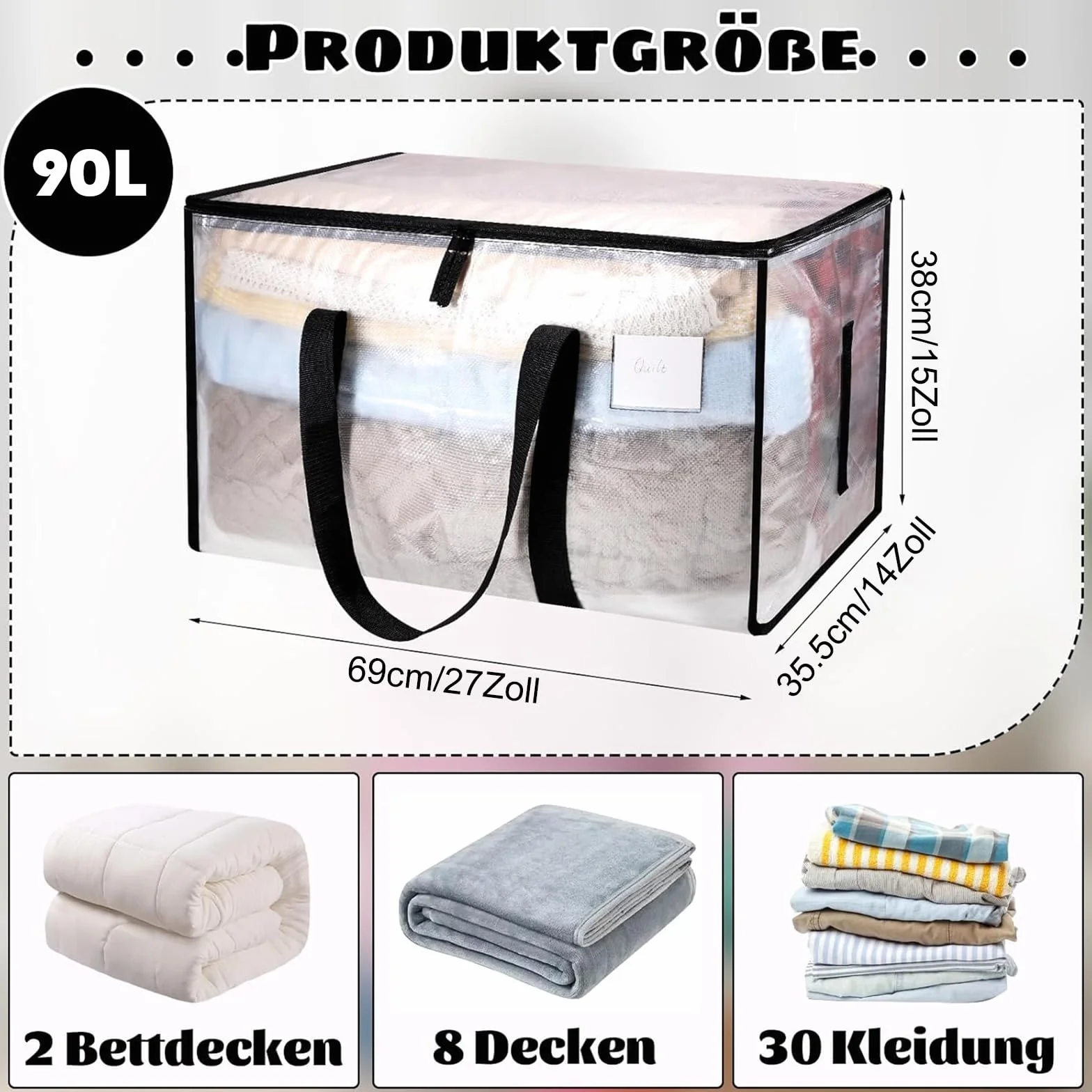 Dntorx Duża torba do przechowywania 90 l z pokrywką przezroczysta 3 sztuki