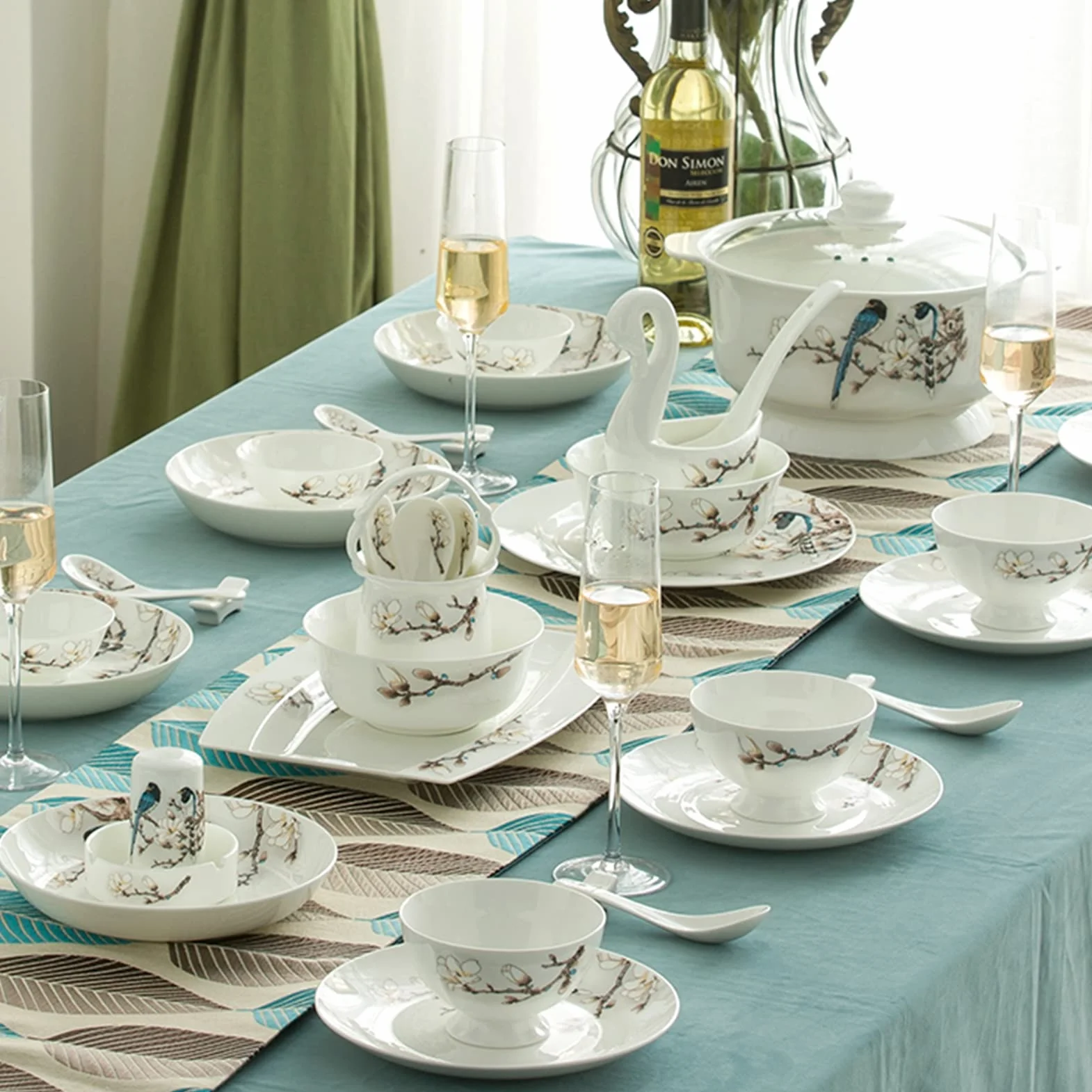 60-Elementowy Zestaw Obiadowy Z Europejskiej Porcelany Kostnej, Ceramiczna Zastawa Stołowa Jingdezhen, Serwis Dla 8-10 Osób, Ręcznie Wykonany Zestaw Obiadowy Z Ceramiki, Komplet Obiadowy Z Porcelany,