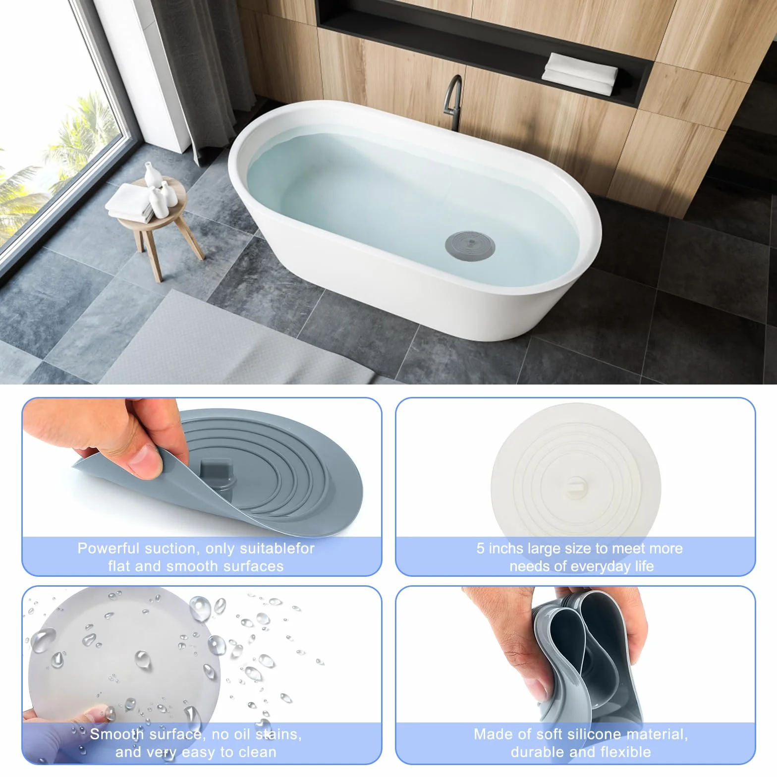 V-TOP Korek spustowy do wanny, 2 szt., 12,7 cm silikonowy korek do wanny prysznicowej, korek do wanny, zatyczka do włosów, uniwersalne płaskie ssanie przyjazne dla najemców akcesoria kąpielowe (biały