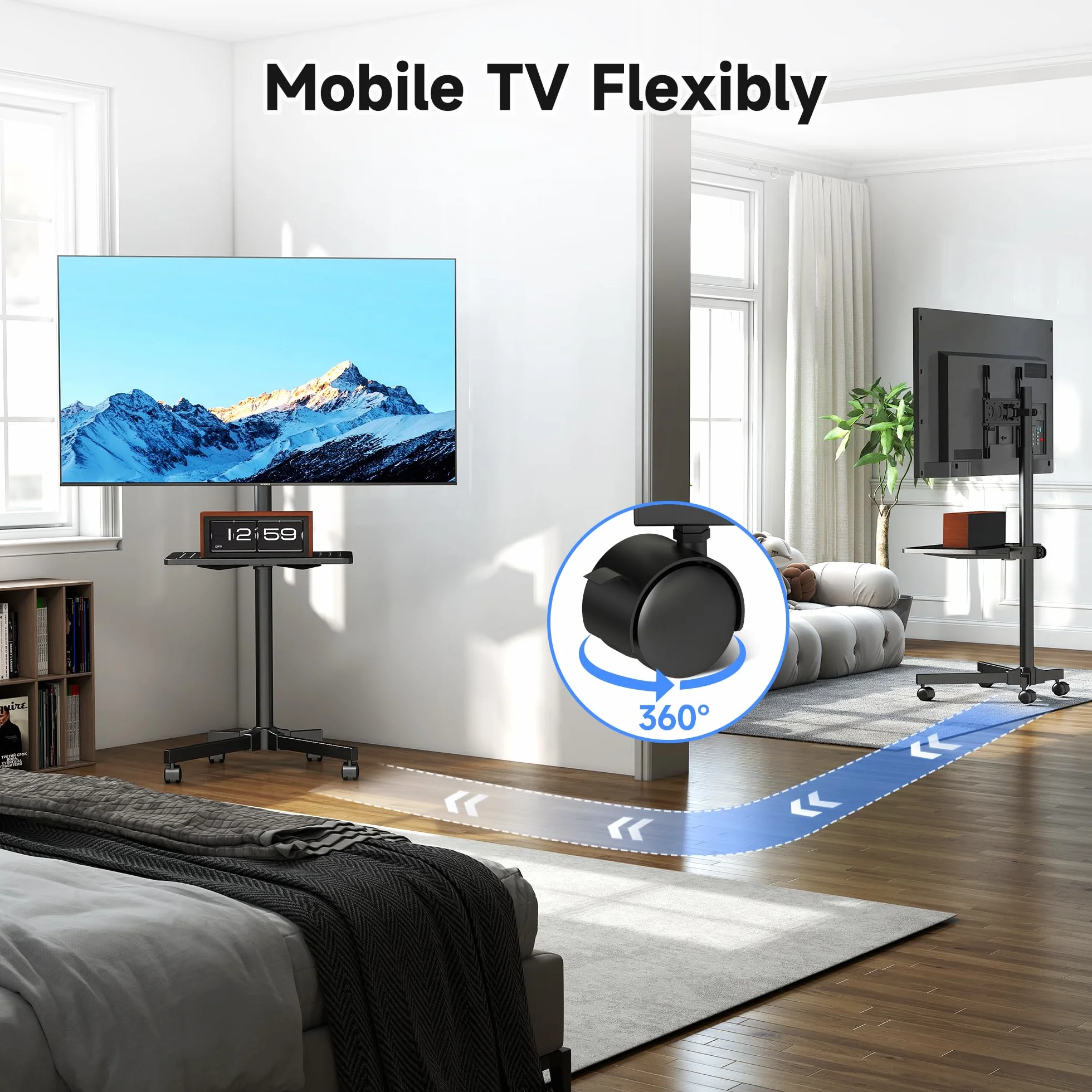 XINLEI Mobilny stojak na telewizor na kółkach z bardzo dużą półką, przenośny wózek na telewizor do płaskich zakrzywionych telewizorów 53.3-152.4 cm do 35 kg, z regulacją wysokości, wysoki stojak na