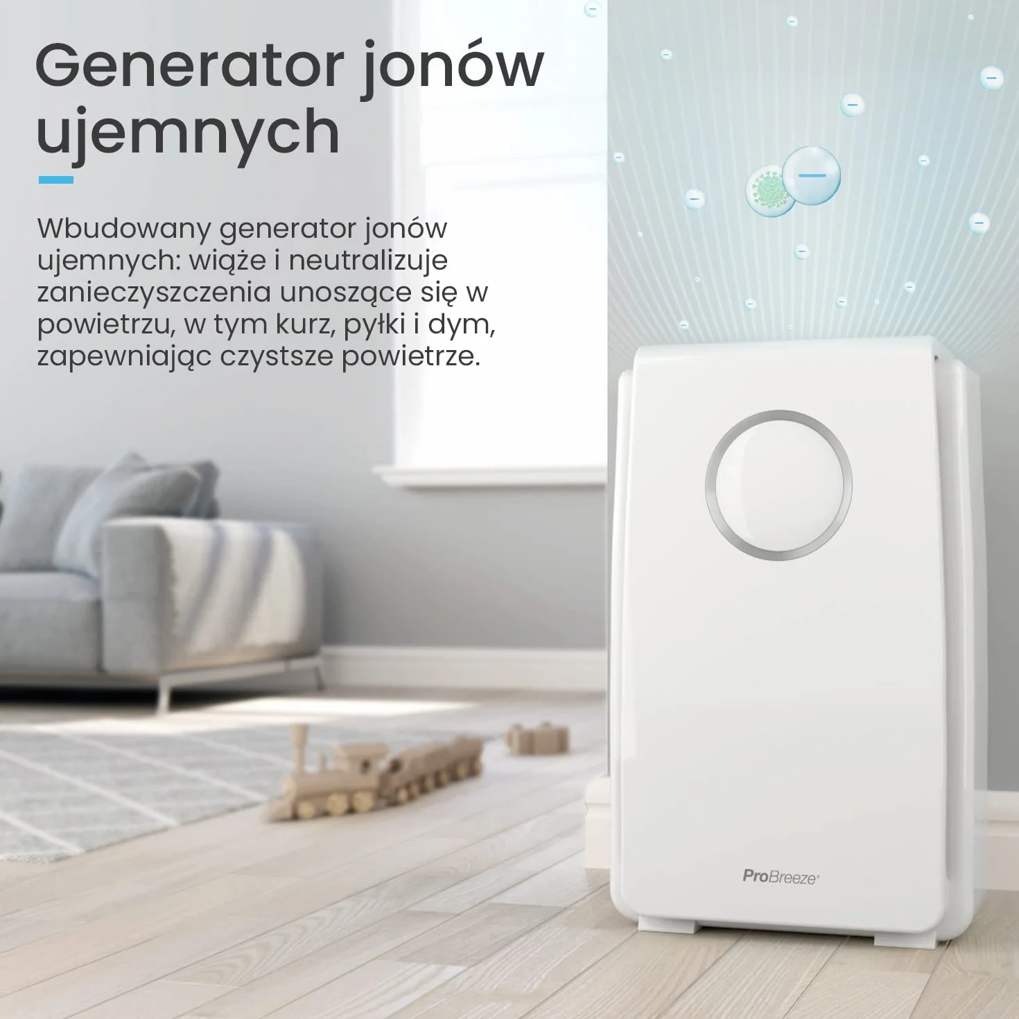 ProBreeze Oczyszczacz Powietrza z Jonizatorem do Domu, Filtr HEPA Węglowy, 4 Stopnie Filtracji, Generator Jonów Ujemnych, Duży Katalizator, dla Dzieci Zwierząt Palaczy Alergików Astmatyków