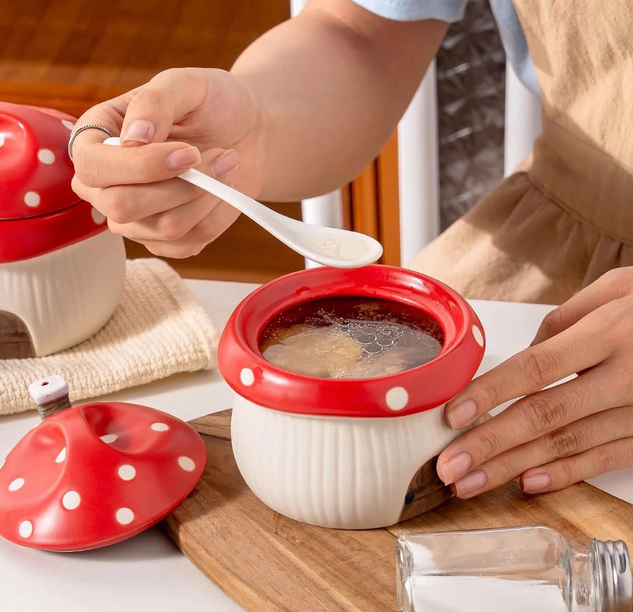 Francuska miska na zupę cebulową z pokrywką, ramekin, zabawna oryginalna miska w stylu domku grzybowego, ciastka lawowe, creme brulee, jajowar. Z otworami wentylacyjnymi odprowadzającymi