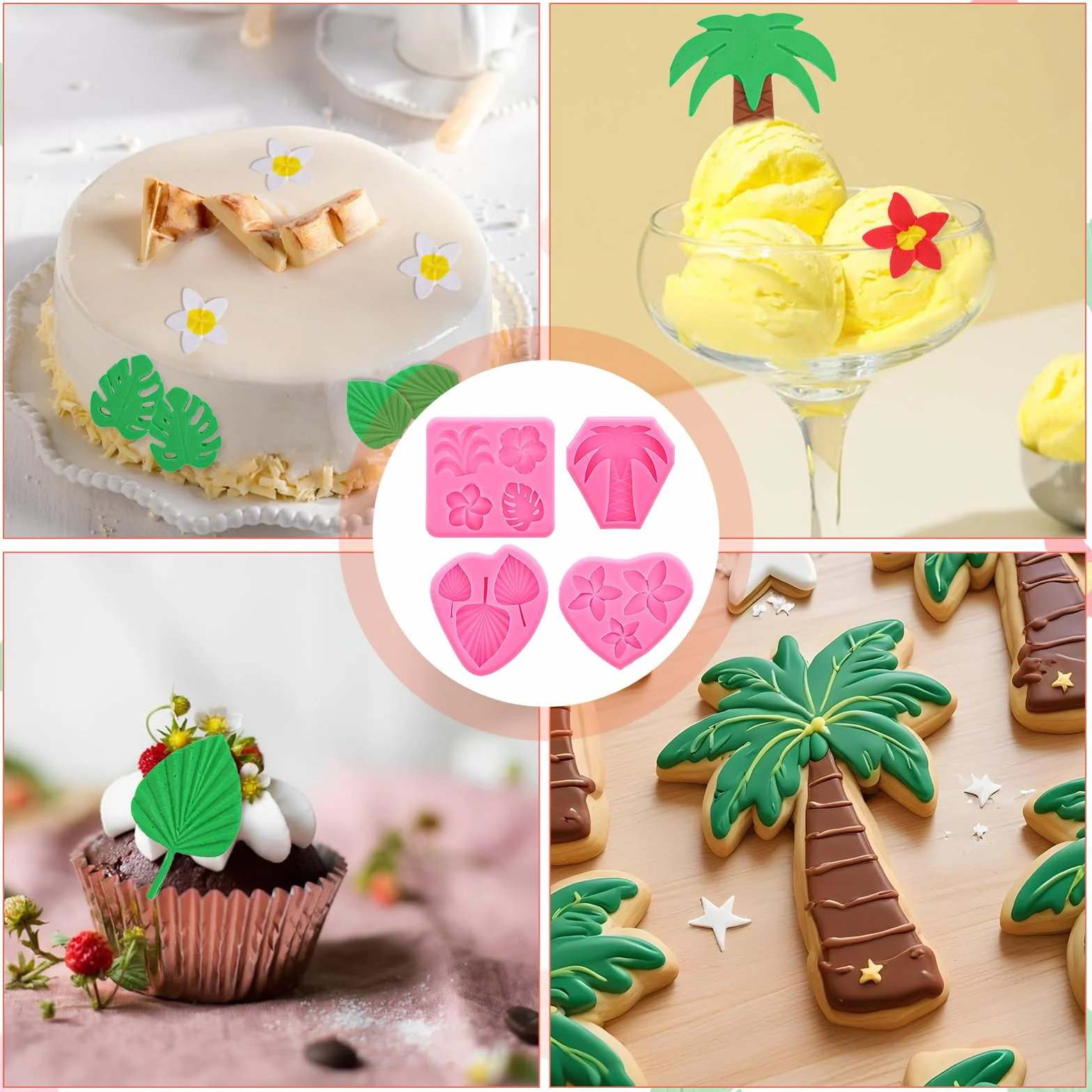 4 sztuki foremek silikonowych, tropikalnych płatków kwiatów, płatków wachlarza, do masy cukrowej, hibiskusa, liści palmy, plumeria, silikonowe, do samodzielnego przygotowania czekolady, słodyczy,