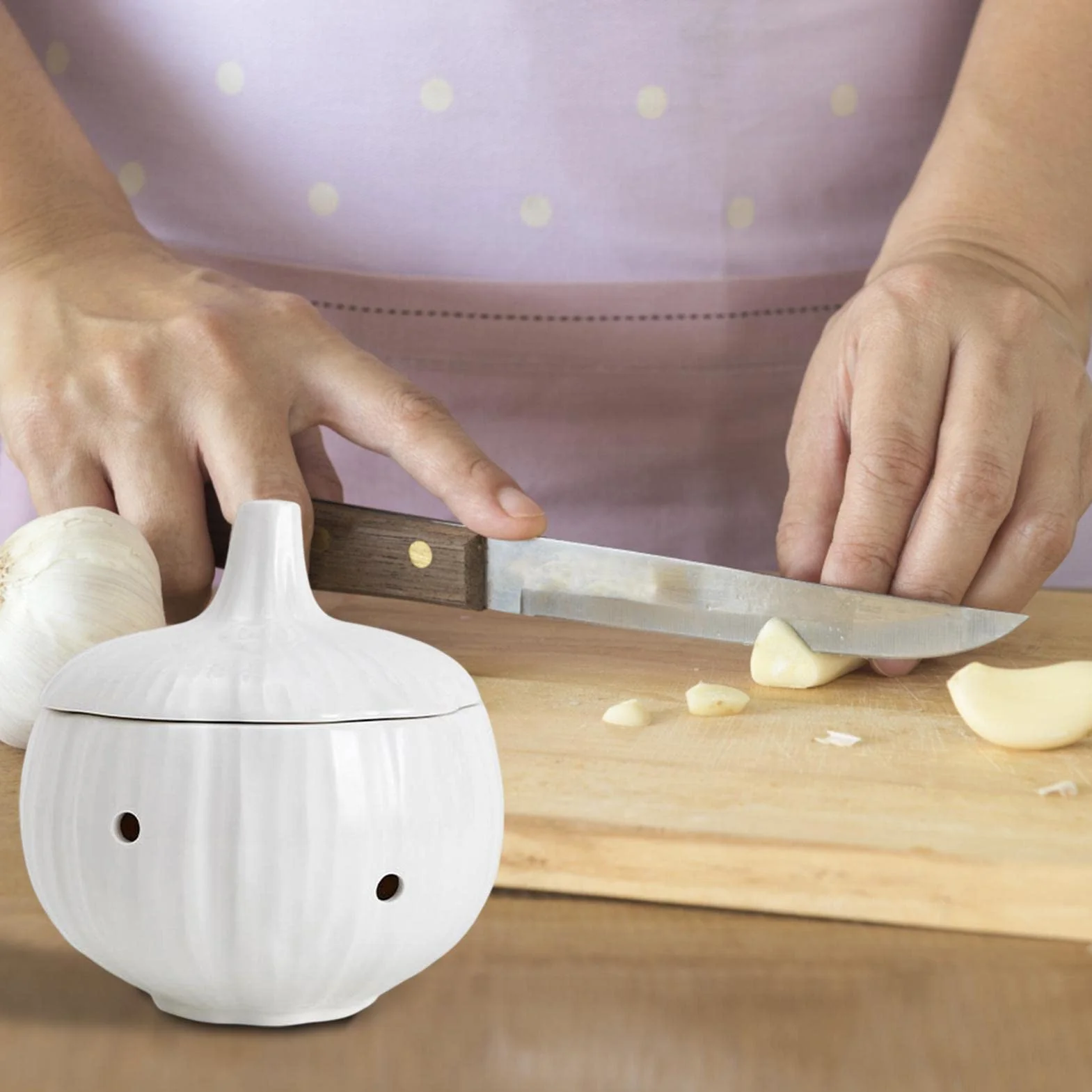 Pojemnik do przechowywania czosnku, ceramiczny, pojemnik imbir z wentylowanymi otworami i pokrywk? , pojemnik z bia?ej kamionki, suszone czosnek chili