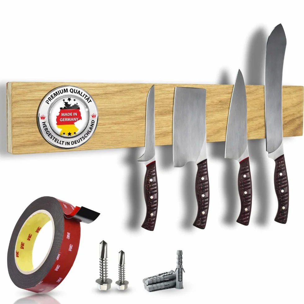 Thiru Listwa magnetyczna premium na noże – Made in Germany z ręcznego wykonania – bardzo mocny uchwyt na noże, magnetyczny z niemieckiego buku, dębu lub orzecha, 35 x 6 cm, w zestawie akcesoria