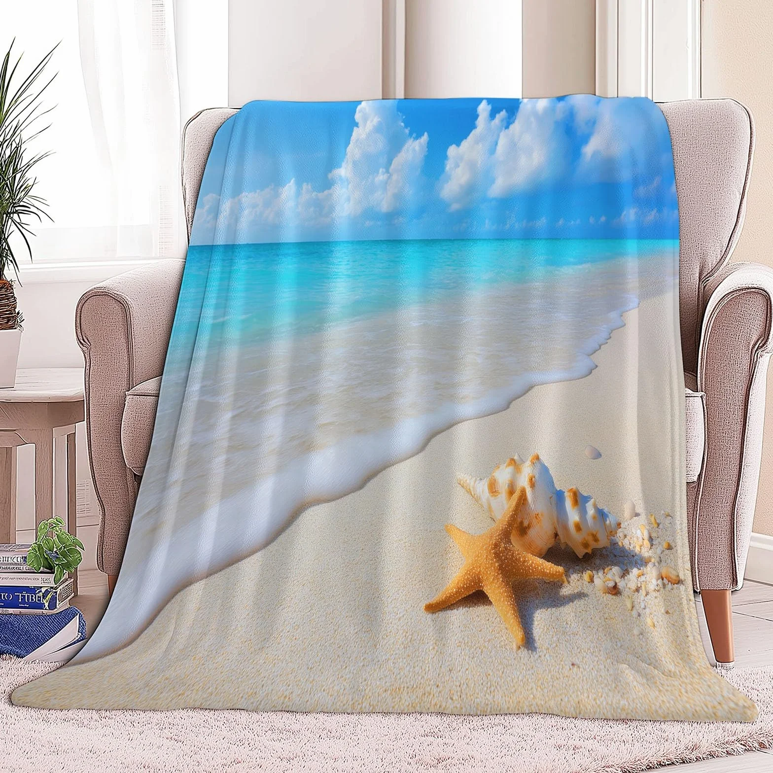 Nature Photography ultramiękki koc flanelowy, pluszowy, ciepły, plażowy, ocean, muszle, nadruk, lekki koc na łóżko, na sofę, podróż, dla dzieci i dorosłych
