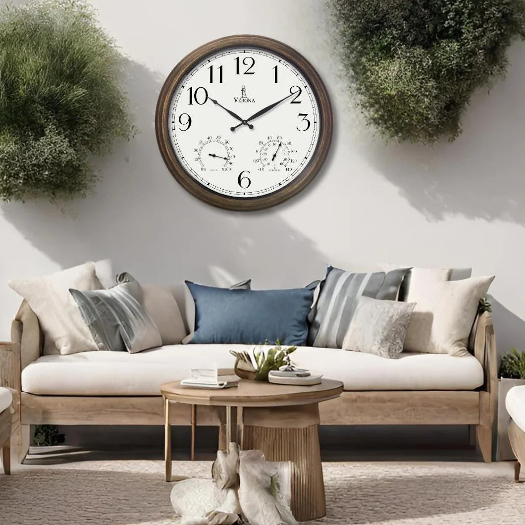 Zegary zewnętrzne na patio, duże, wodoodporne, z termometrem, 61 cm, wewnętrzny, zewnętrzny zegar ścienny z kombinacją temperatury i wilgotności, odporny na warunki atmosferyczne, dokładny i łatwy do
