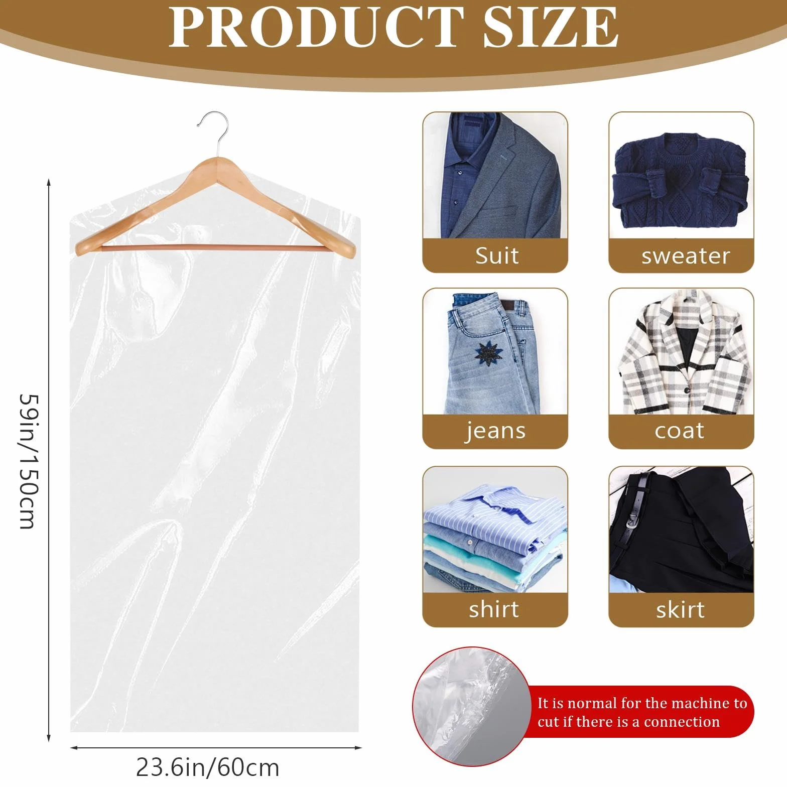 Torby na ubrania wiszące pyłoszczelne plastikowe 60 x 150 cm 12 sztuk