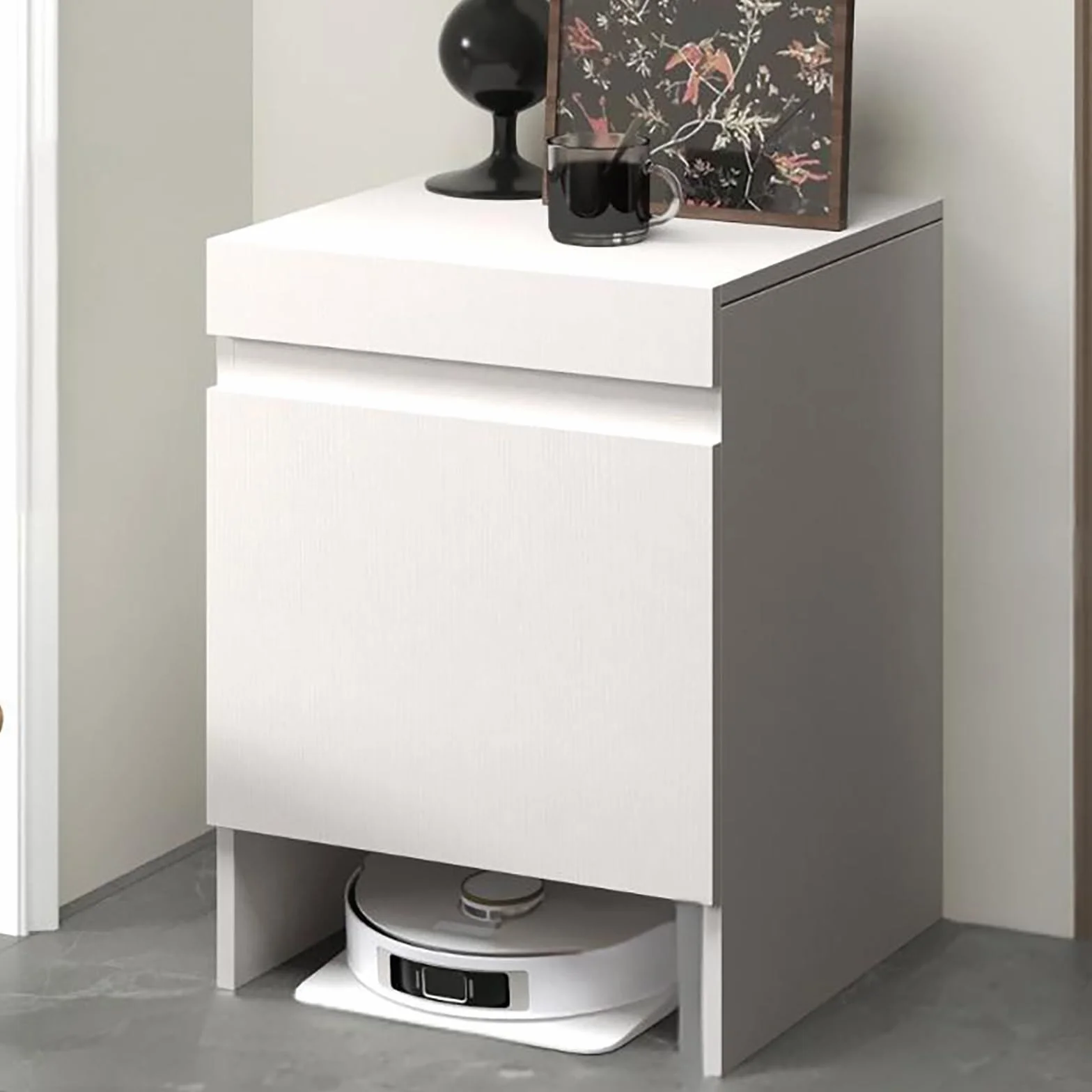 Robot Vacuum nd Cabinet Sto Solut z drzwiami do odkurzaczy koniec tabfor dom biuro i salon freending drewniany (biały)