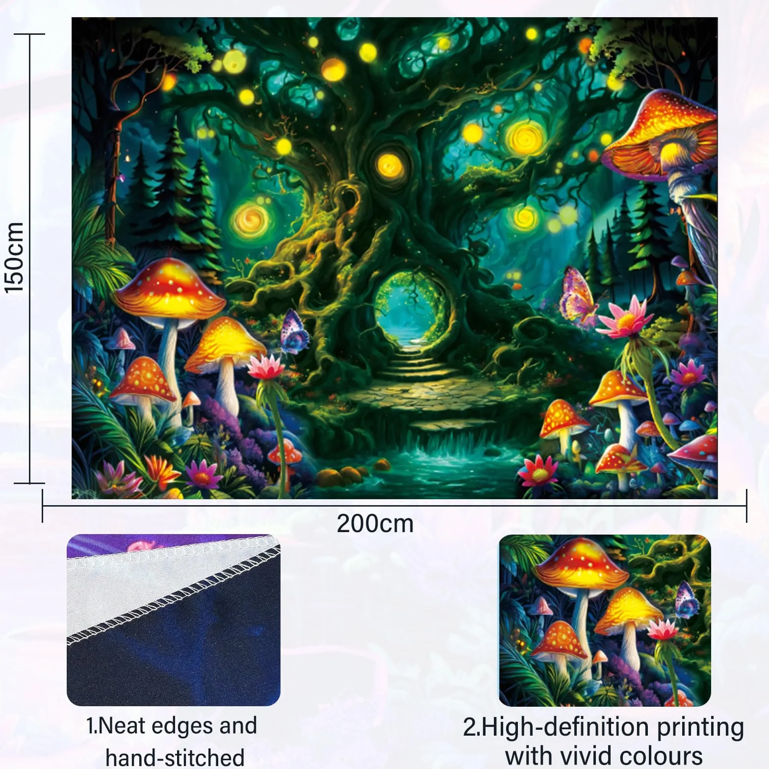 Cyiecw Dywan ścienny Aesthetic w świetle UV, Reaktywny UV na Podłodze Dywan z Grzybami i Drzewem życia, Dekoracja Gobelinem, Fluoryzujące Rośliny, Las, Dywan ścienny, Dekoracja Salonu (200 * 150cm)