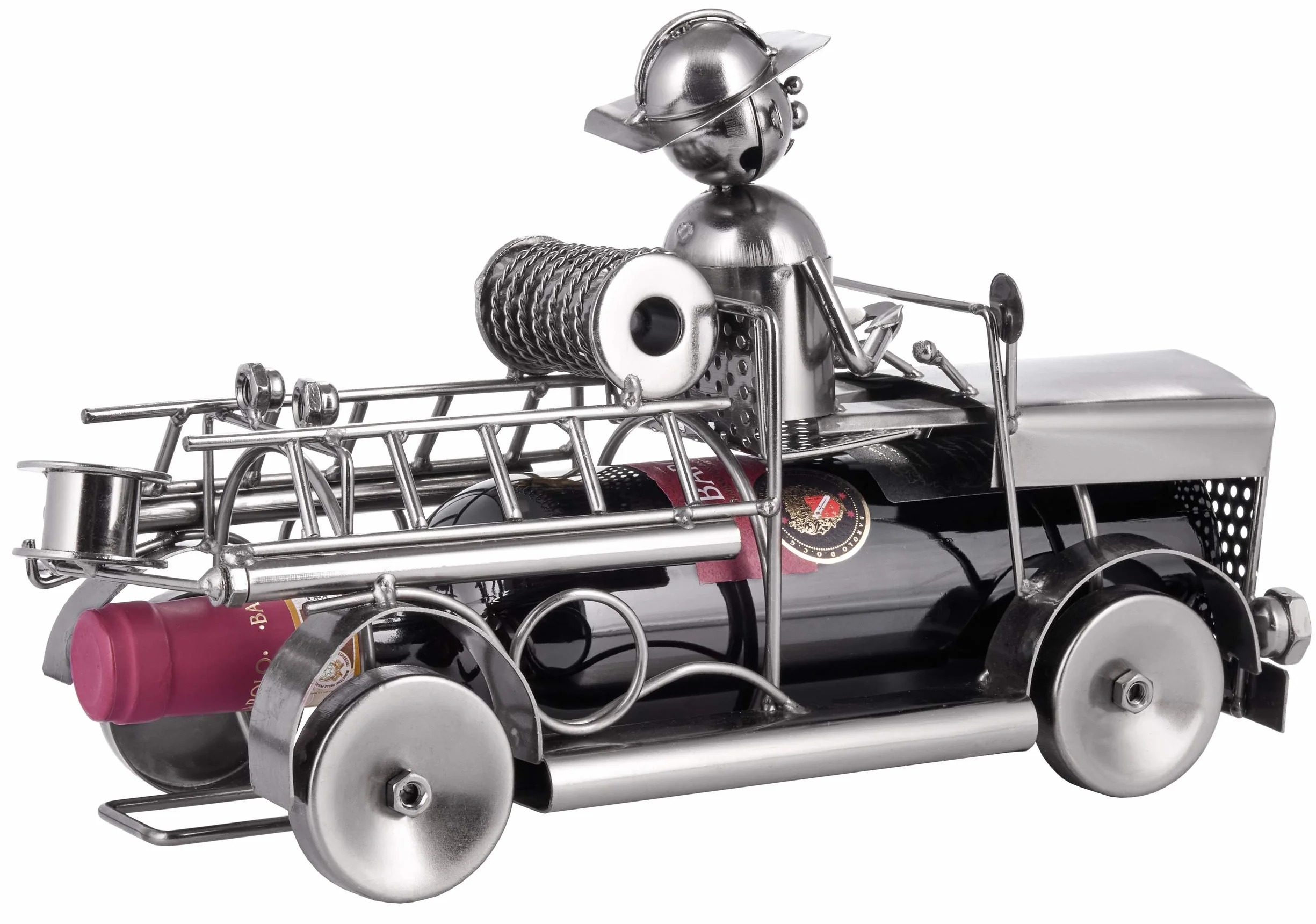 BRUBAKER Uchwyt na Butelkę Wina Wóz Strażacki - Wóz Strażacki Metalowa Rzeźba Stojak na Butelkę - 32 cm Metalowa Figura Prezent na Wino Dla Strażaków i Strażaczek - z Kartką z Życzeniami