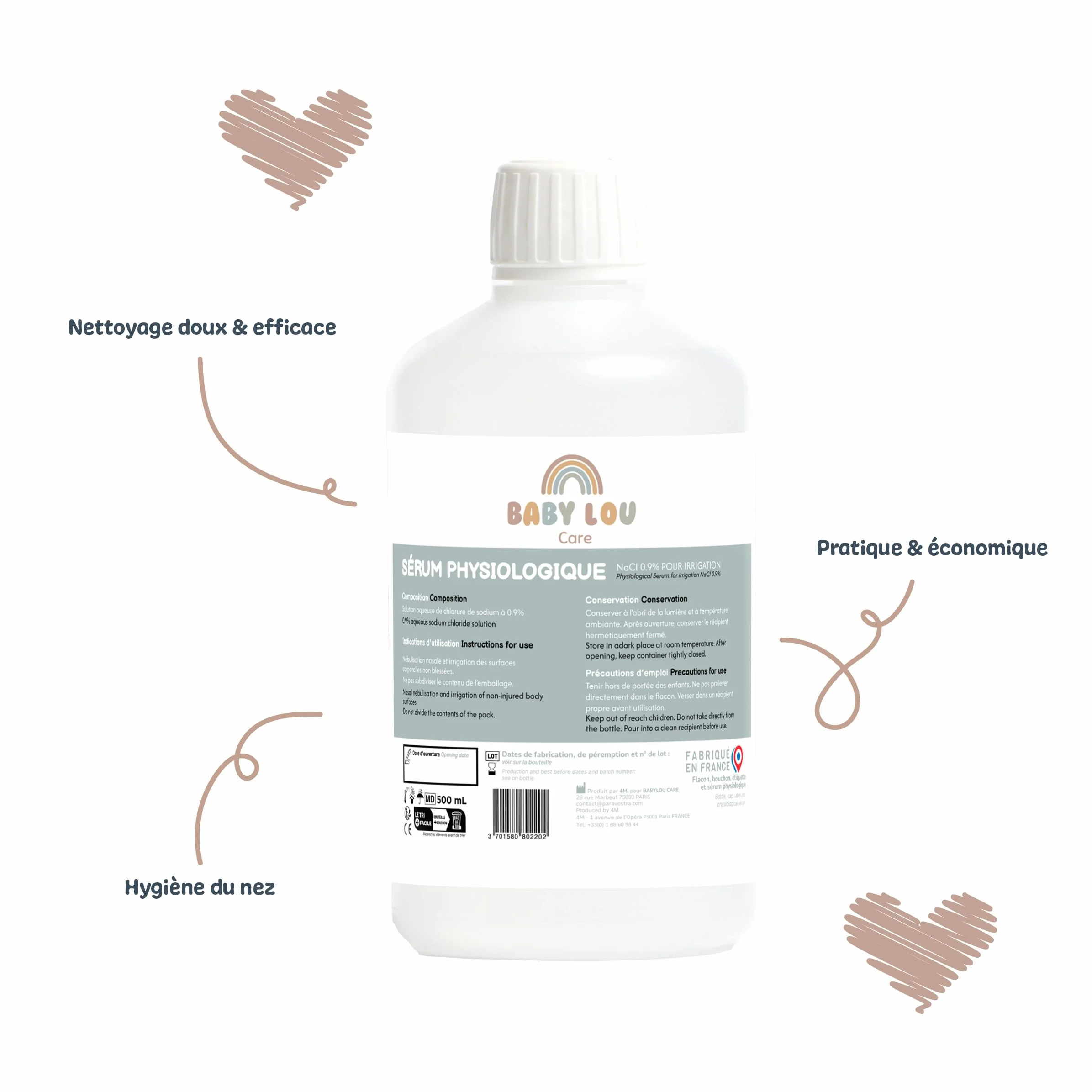 Butelka fizjologicznego roztworu soli 500 ml, NaCl 0,9%, wyprodukowano we Francji, oczyszczanie przewodów nosowych, higiena nosa, do nawadniania zewnętrznego