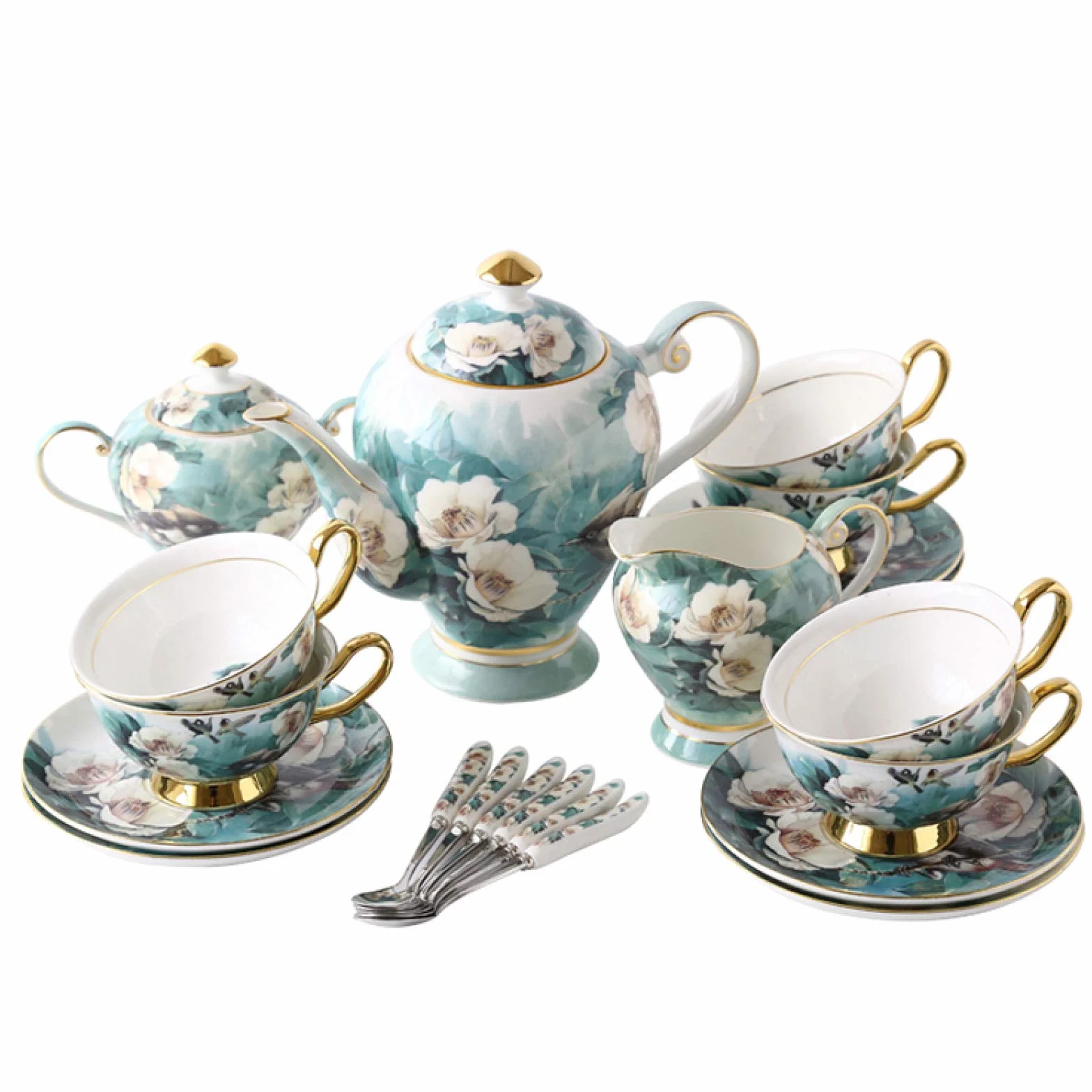 Porcelanowy zestaw do herbaty dla dorosłych z czajnikiem, filiżankami do kawy, cukiernicą, dzbankiem na mleko i łyżkami – popołudniowa herbata dla 6 osób, niebieski kwiatowy wzór