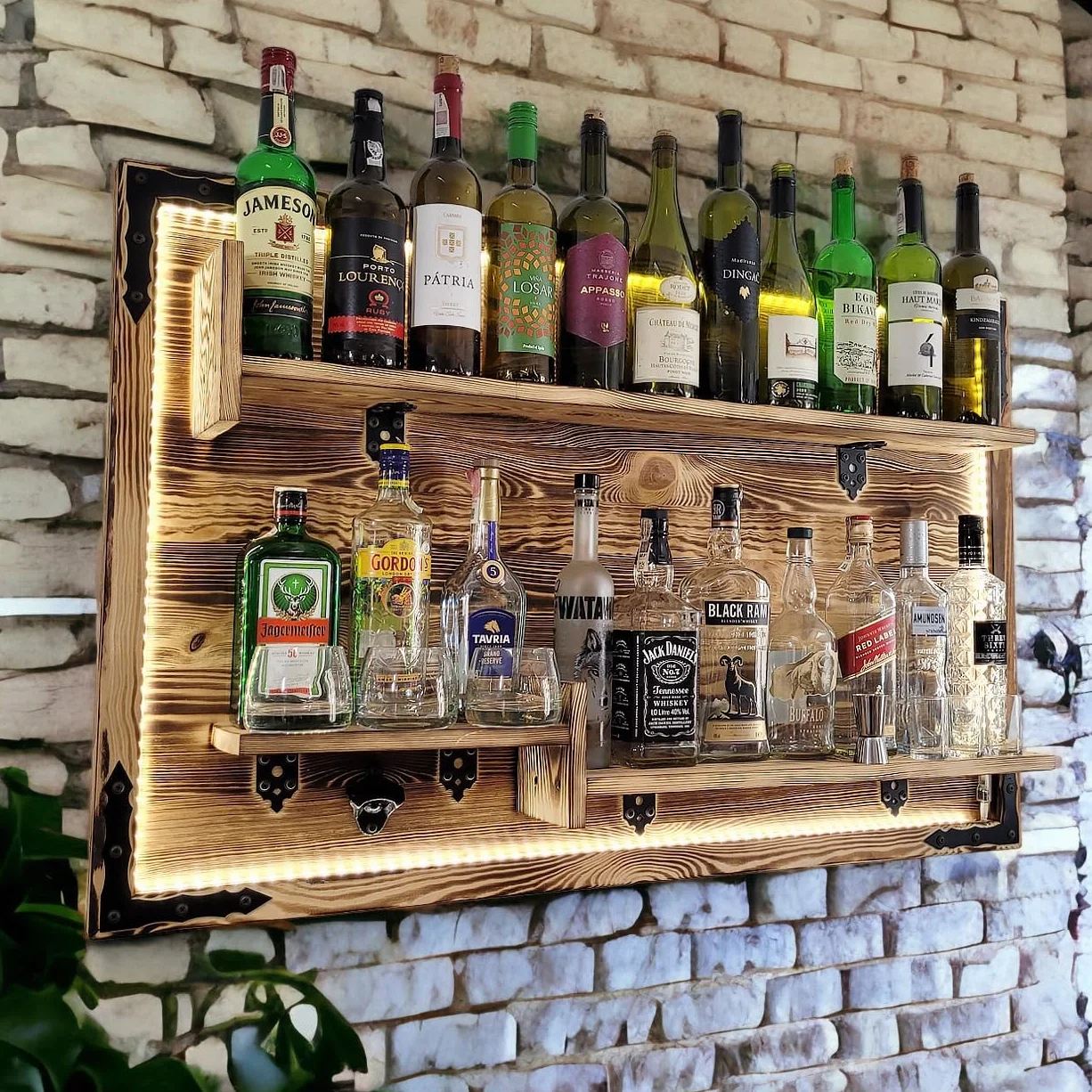 weeco Regał wiszący na ścianie, oświetlenie LED, rustic alkoholowy stojak, regał ścienny, stojak na whisky