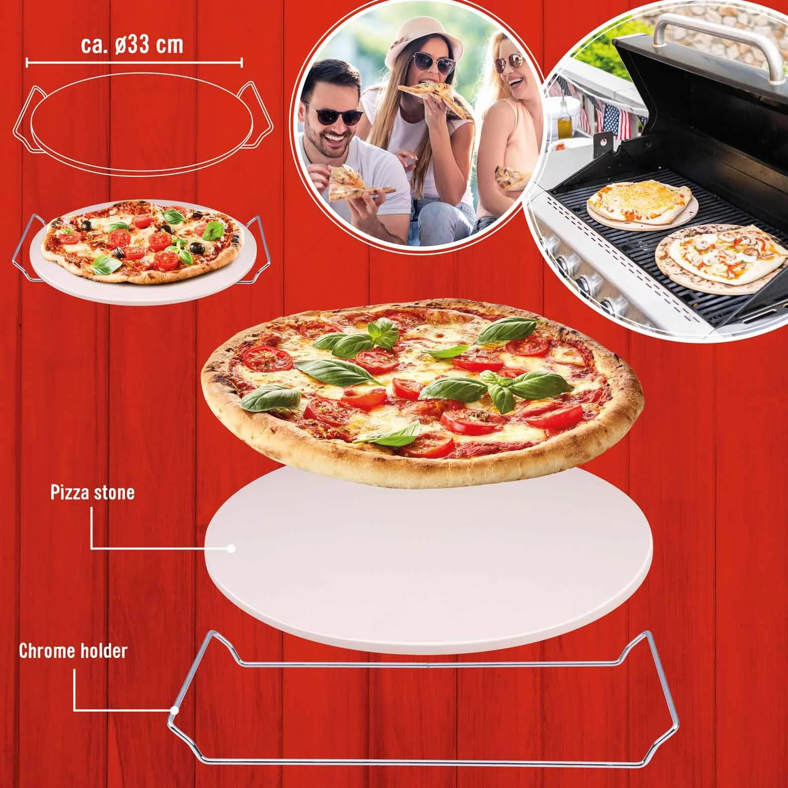 Kamień do pizzy Ø 33 cm do piekarnika i grilla z uchwytem ze stali nierdzewnej, grubość 1 cm, do pieca, grilla gazowego, kamień do pieczenia