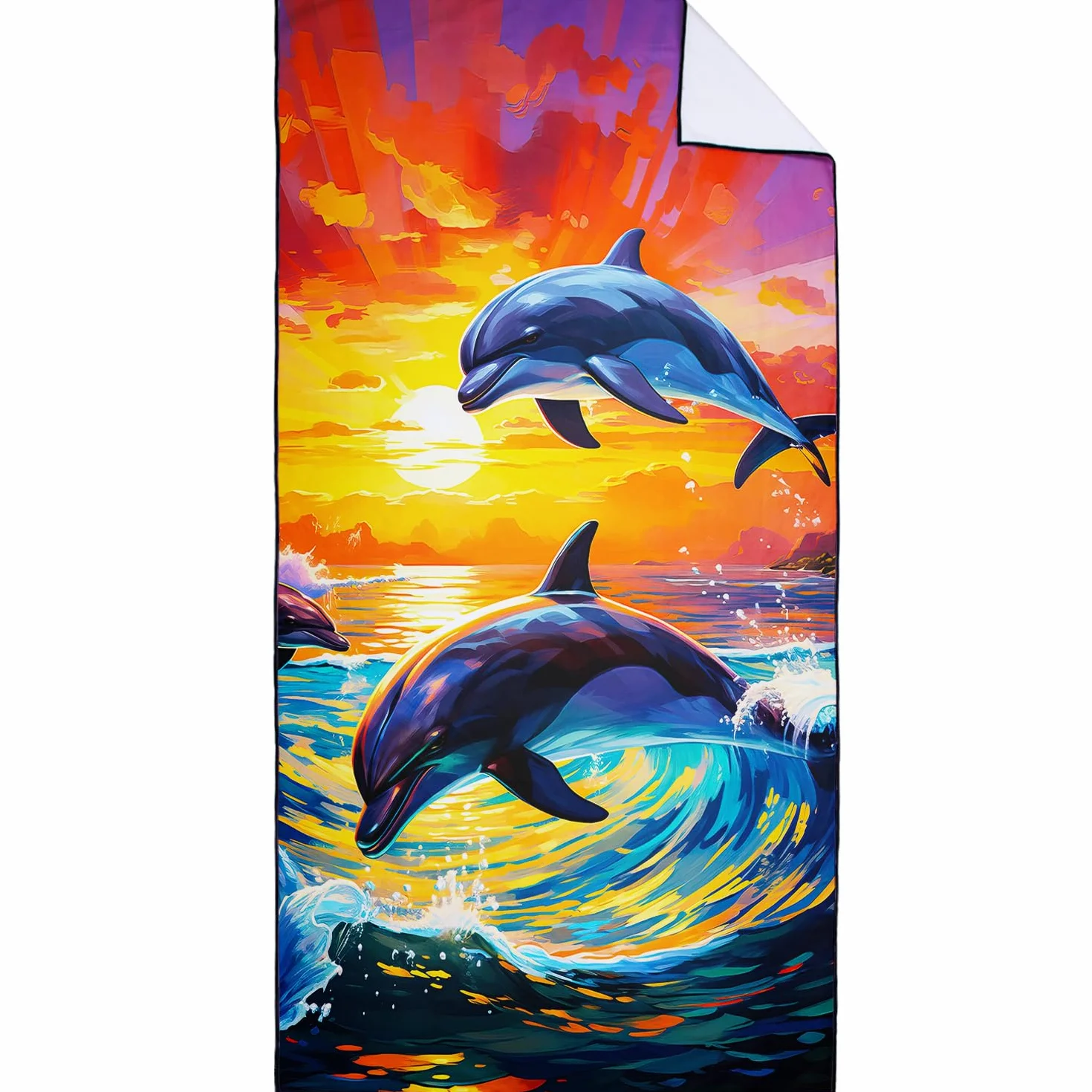 Ręcznik plażowy delfiny, 90 x 180 cm, szybkoschnący, bez piasku, zachodu słońca, zwierzęta, ręcznik plażowy, fale, ręcznik plażowy, duży ręcznik kąpielowy, przenośny, lekki i cienki