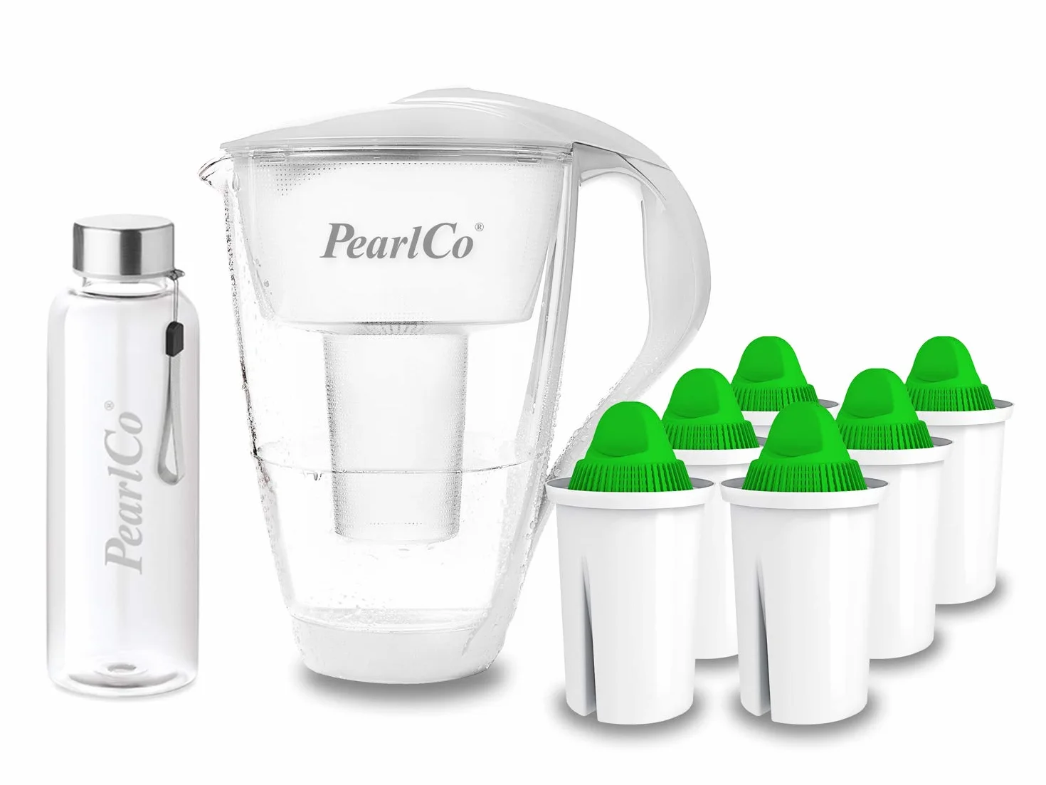 PearlCo - Szklany filtr do wody (biały) z 6 wkładami filtrującymi alkalicznymi + 1 butelka na napoje ze szkła