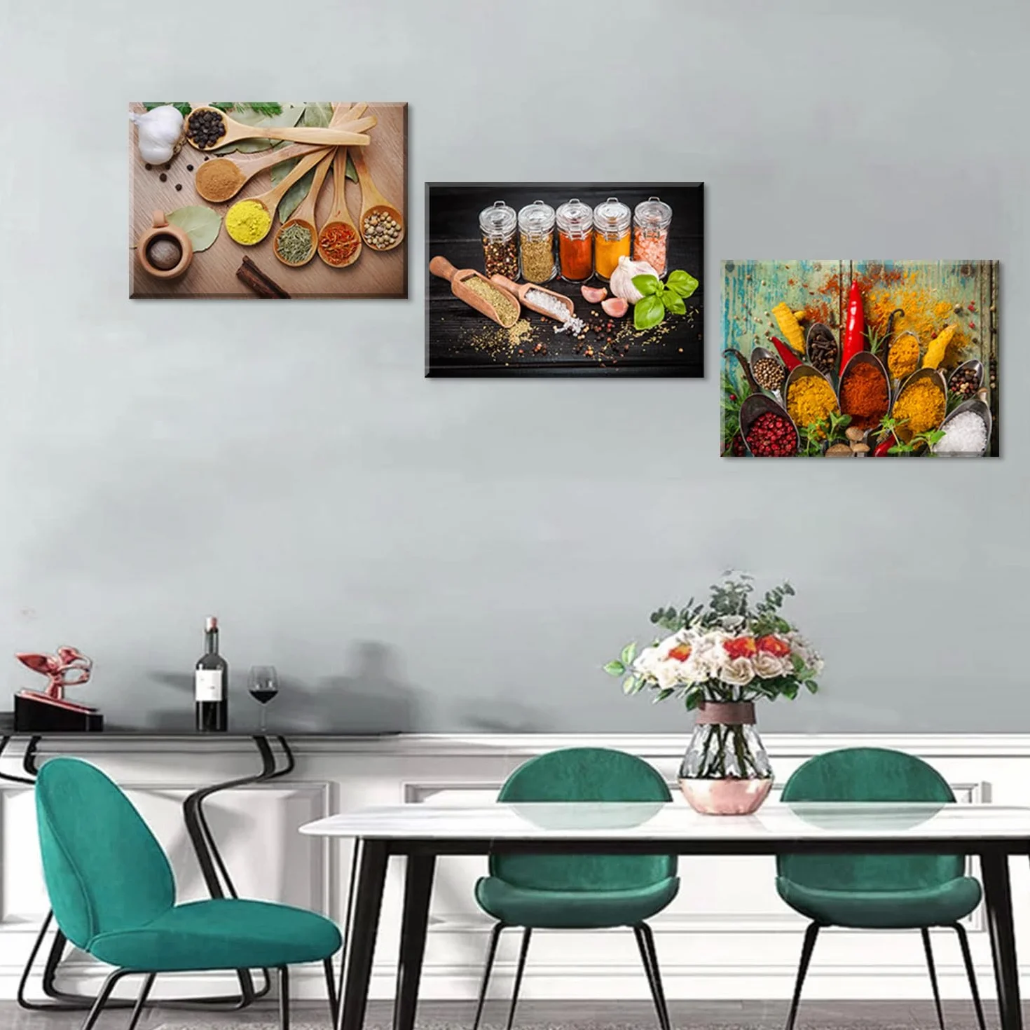 Piy Painting Zestaw 3 Obrazów Na Płótnie, Obrazy Dekoracyjne Na Płótnie, Motyw Przyprawy I Lyżki, Druk Artystyczny Na Płótnie, Sztuka ścienna Do Dekoracji Kuchni, 58x40 cm / 174x40 cm