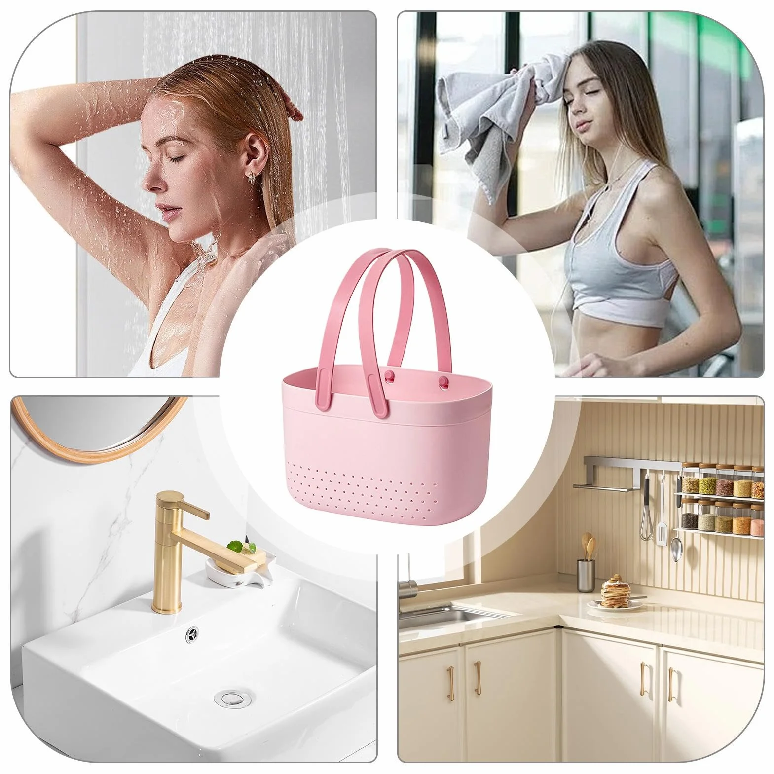 Shower Organizer Basket, Bath Storage Bin, Toiletry Basket with Handles, Drainage Shower Organizer, 25x17x14.5cm Storage Basket for Bathrooom PP+ Shower Bin, Lightweight, Pink White