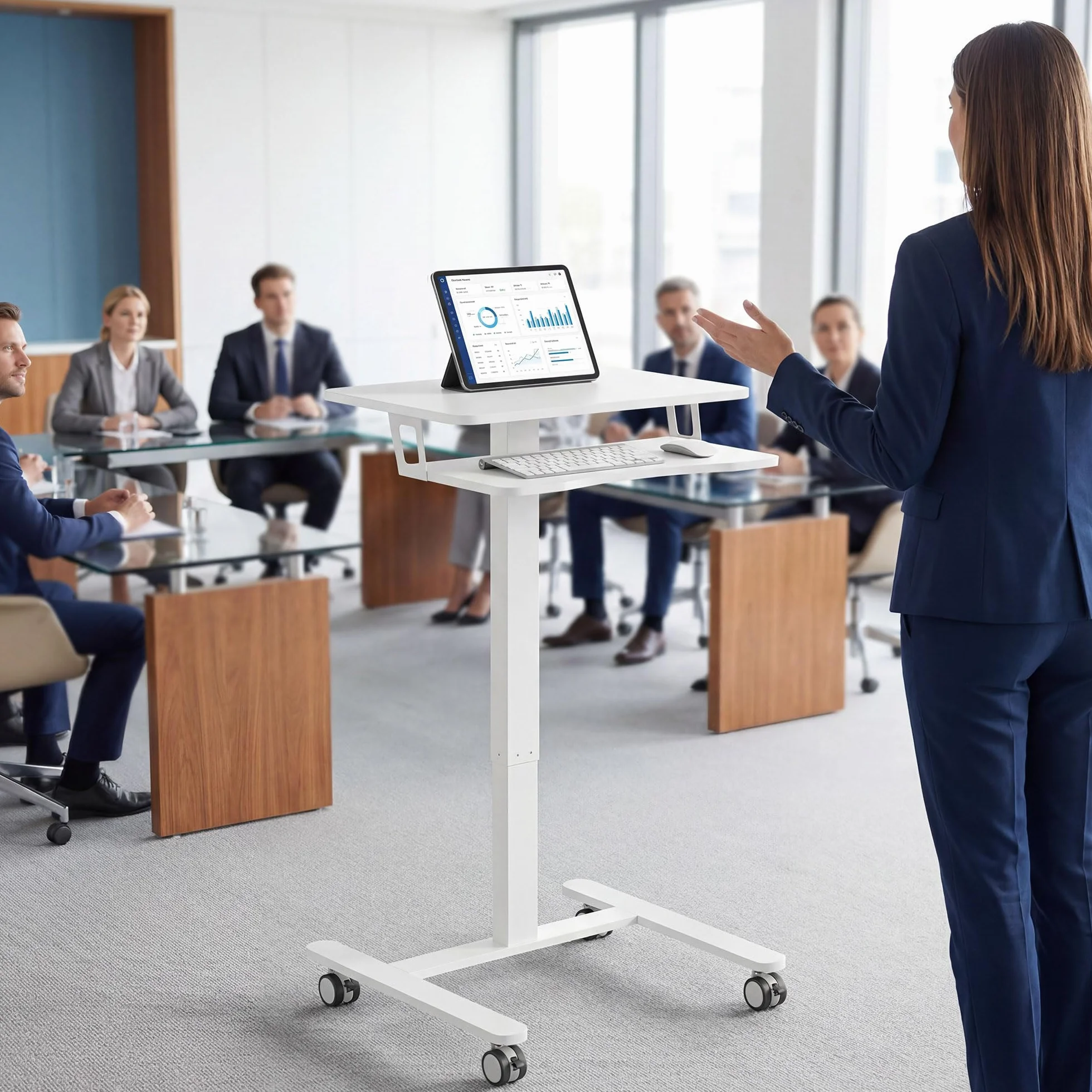 HOMCOM Stolik pod laptopa z regulacją wysokości, pneumatyczny z kółkami, półka na klawiaturę, 71-107 cm, mobilny stolik pomocniczy, biurko na sofę, łóżko, do biura, 65 x 60 cm, biały