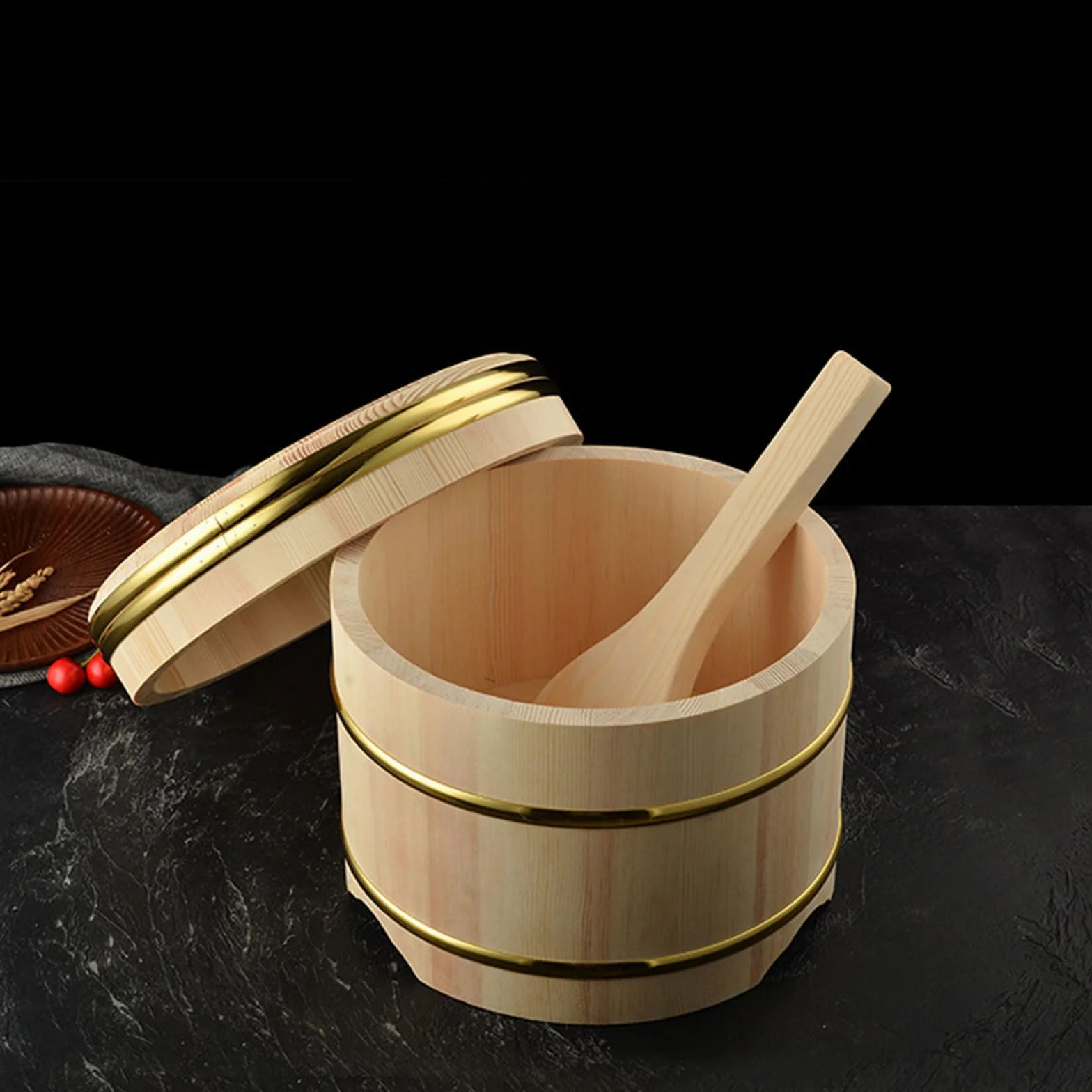 drewniane japońskie wiadro ryżowe do sushi sushi miska ryżowa koreańska mieszanka ryżowa wiadro z pokrywką, pojemnikowy beczka do gotowania naczyń kuchennych, duże