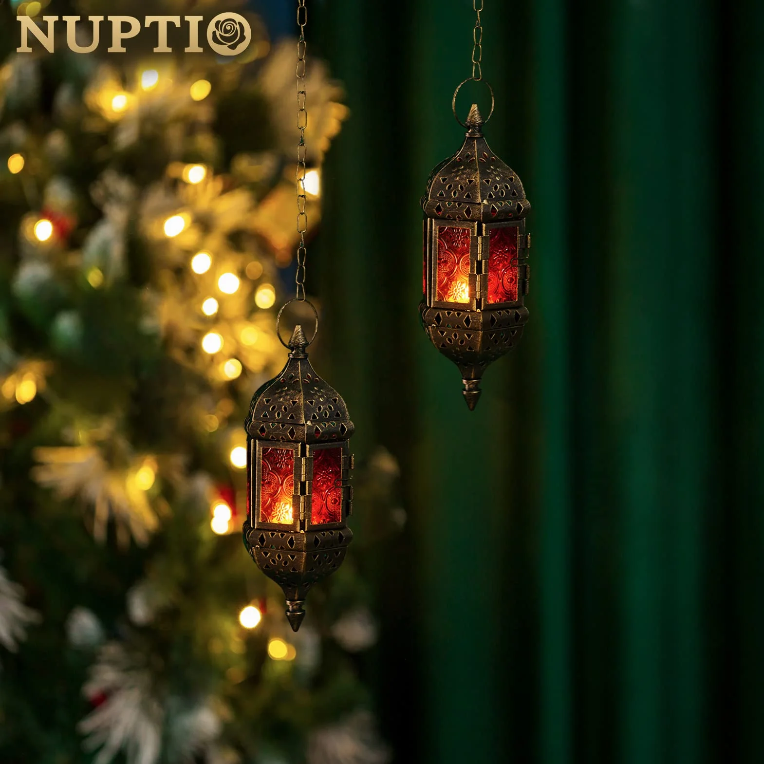 Nuptio Marokańska latarnia na świece, 2 szt., wiszące świeczniki, metalowe i szklane, ramadan, brązowe, dekoracyjne lampiony, do salonu, na balkon, patio, Halloween, dekoracje świąteczne