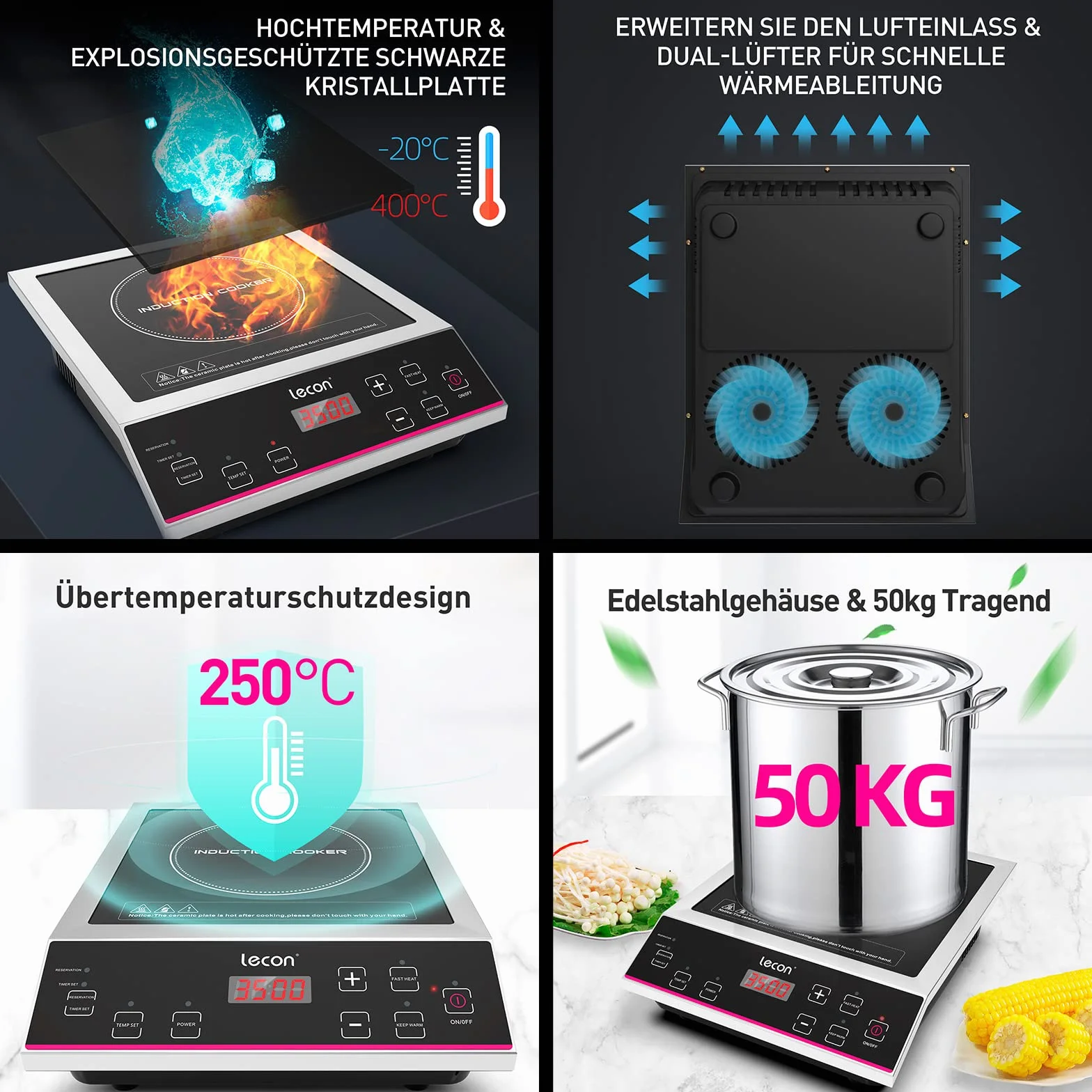 Lecon płyta indukcyjna, 3500 W, z timerem włączania/wyłączania i funkcją izolacji, duża nośność 50 kg, obudowa ze stali nierdzewnej, regulacja temperatury, płyta grzewcza