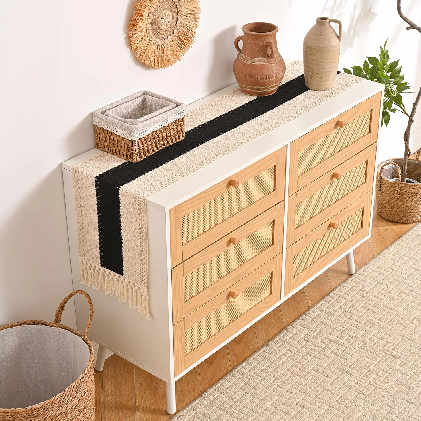 Bieżnik na stół w stylu boho bieżnik na stół pusty frędzle obrus na stół szydełkowy bieżnik 30 x 140 cm czarny/beżowy do dekoracji stołu vintage Boho Wedding Shower