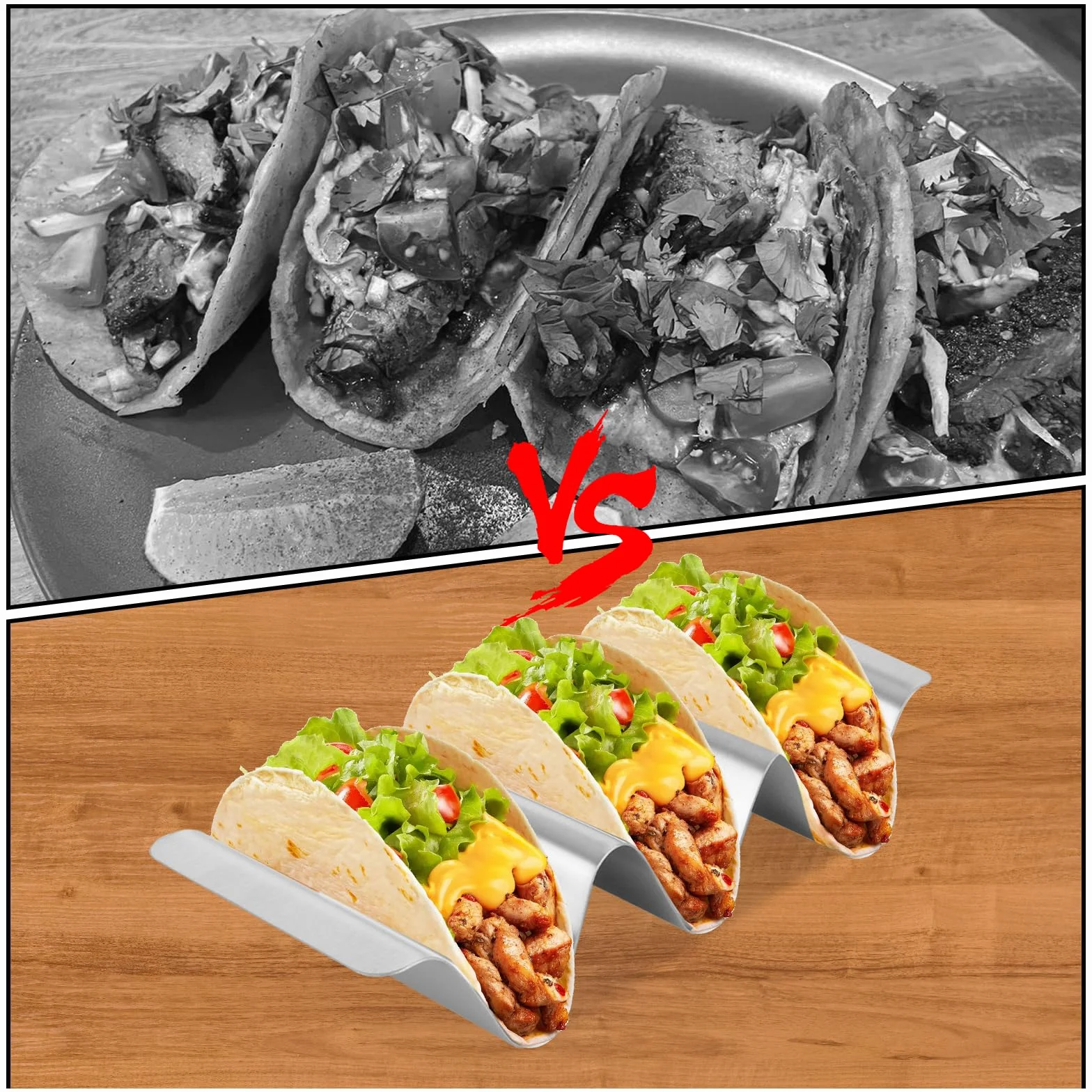 AKOLAFE 6 sztuk uchwytów taco ze stali nierdzewnej, 25 x 10 x 4,5 cm, uchwyt taco z uchwytami, stojak na hot dogi, stojak w kształcie litery U, taco rack Dino na taco, kanapki, chleb, hot dogi i gofry