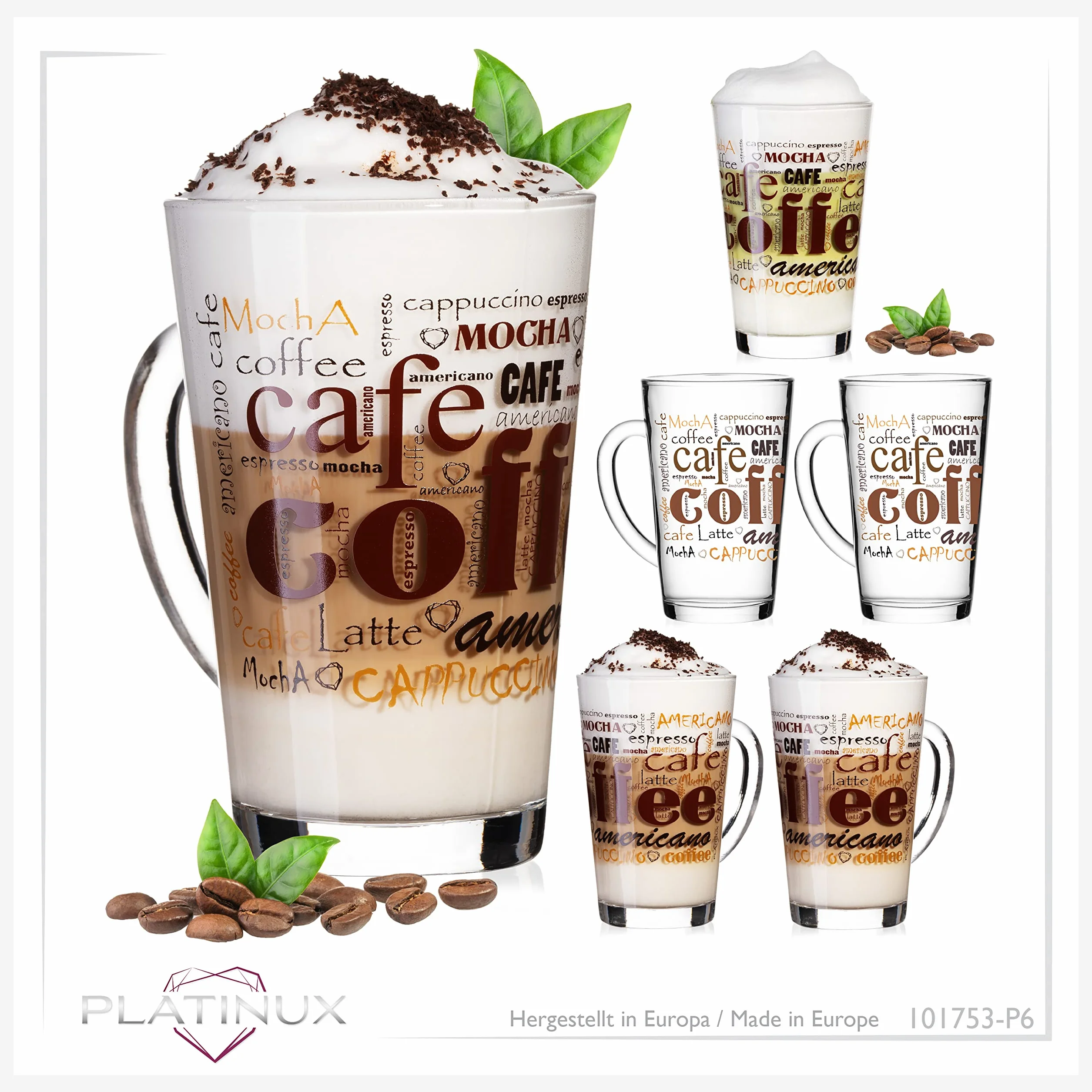 Zestaw szklanek do kawy PLATINUX z motywem max. 350ml, 6-częściowy, ze szkła; szklank do latte macchiato z uchwytem, szklank do cappuccino