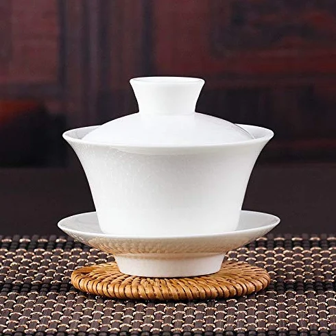 Porcelanowy zestaw do herbaty Gaiwan Kung Fu, Zestaw do herbaty Kung Fu Gaiwan z białej porcelany jadeitowej reliefem smoka i feniksa o długości 150 ml(Dragon)