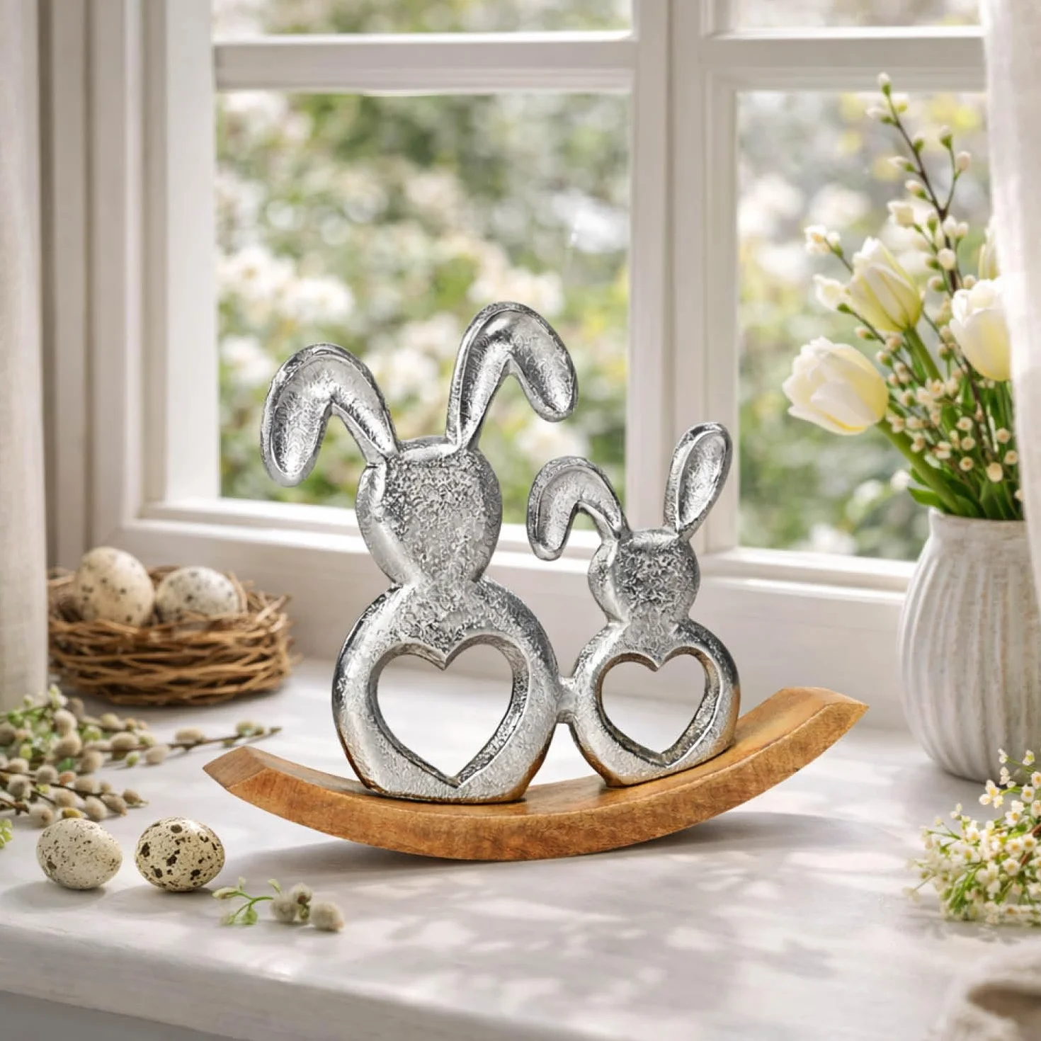 com-four® metalowe zajace wielkanocne z podstawa z drewna mango, eleganckie figurki stojace na wiosne (1x Królik/Hustawka)