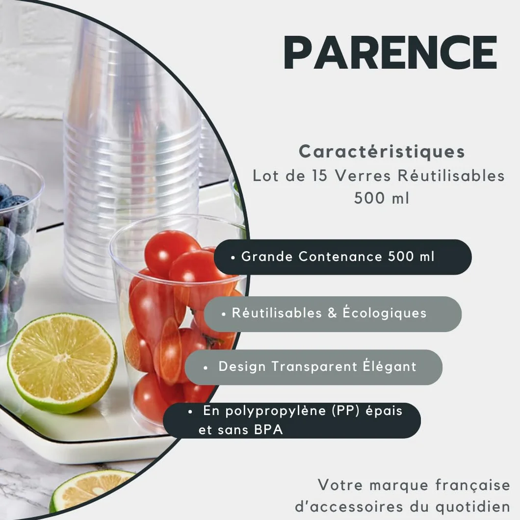 PARENCE.- Zestaw 15 plastikowych kubków wielokrotnego użytku o pojemności 500 ml - sztywne kubki polipropylenowe (PP) - idealne na imprezy, kempingi, grille, imprezy -