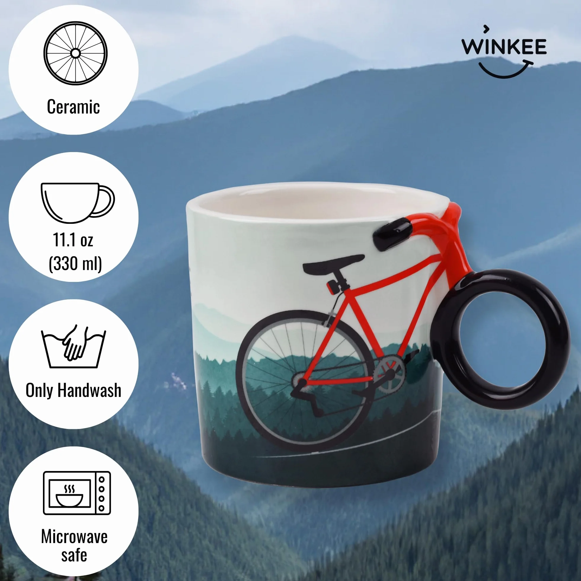 Winkee - Rowerowa filiżanka do kawy - stylowa filiżanka do kawy z uchwytem rowerowym I Rowerowa filiżanka do herbaty I Doskonałe akcesoria rowerowe