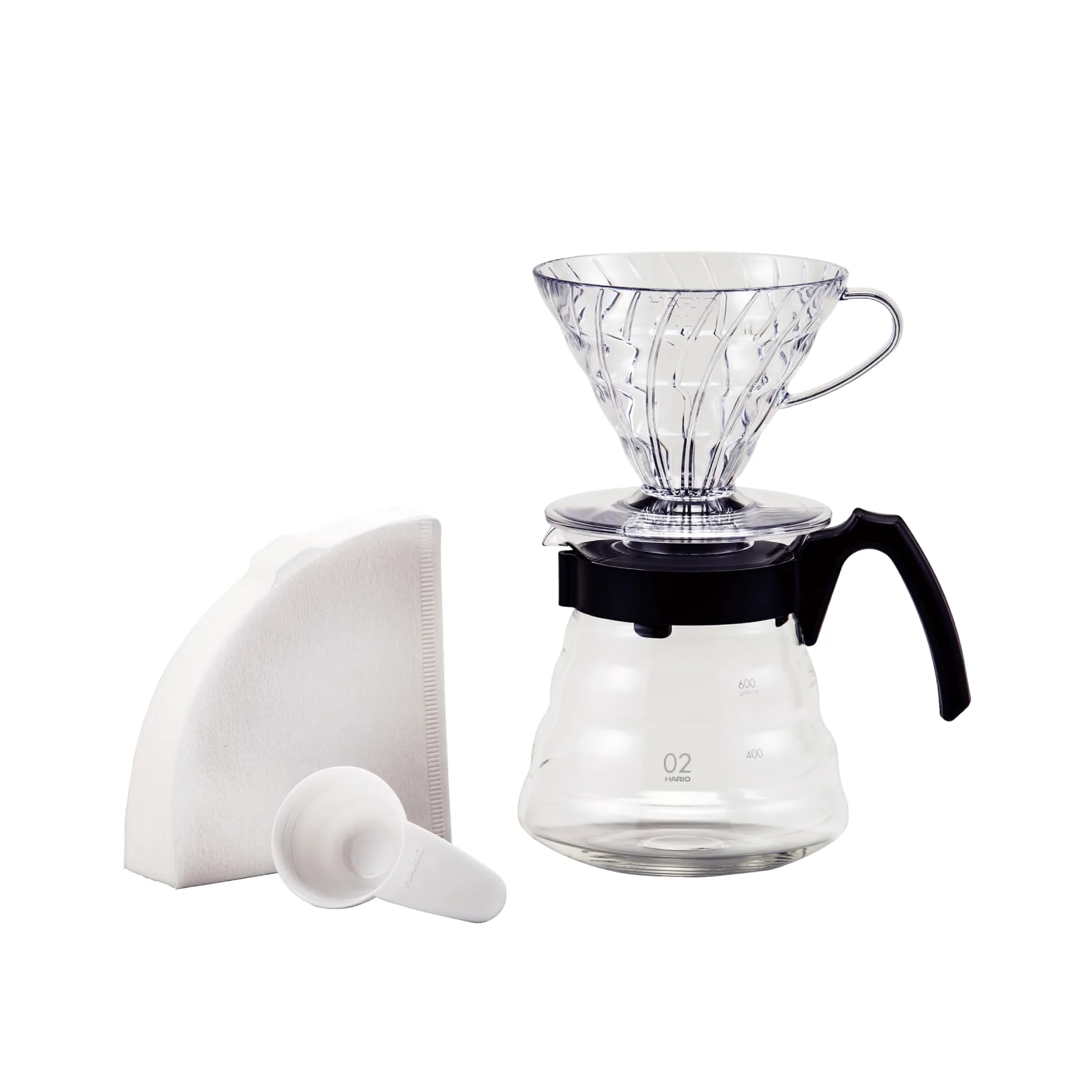 Hario Craft Kit V60 Plastikowy kroplownik ze szklanym serwerem do kawy, łyżką pomiarową i filtrami, borokrzemian, czarny, rozmiar 2