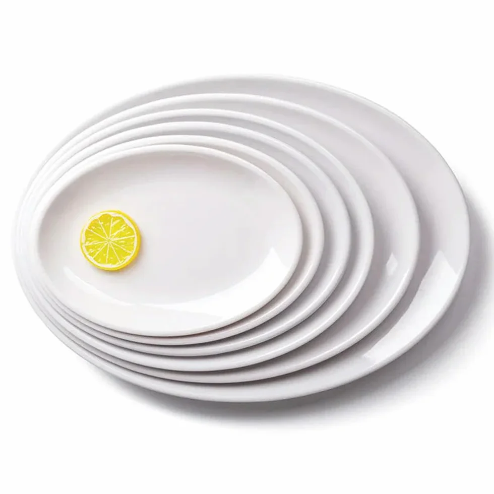 Zestaw owalnych białych talerzy melaminowych – 23-35 cm imitacja porcelany zastawa obiadowa trwałe płaskie tace na steky do kuchni i hotelu jadalni elegancka zastawa stołowa