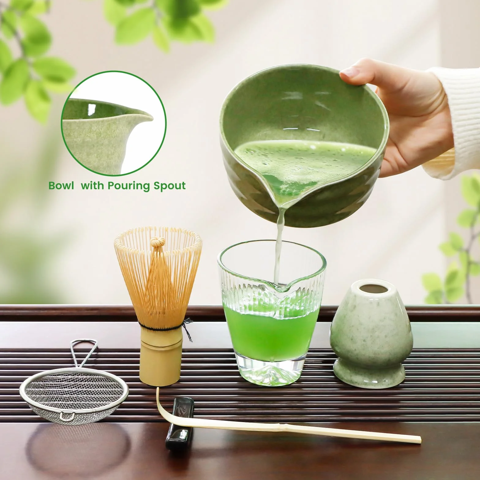 7-częściowy zestaw Matcha, mieszadło z bambusowe, miseczka, naturalna bambusowa szpatułka, sitko, ściereczka, łyżeczka, podstawka pod łyżeczkę, tradycyjna japońska ceremony herbata najlepszy prezent