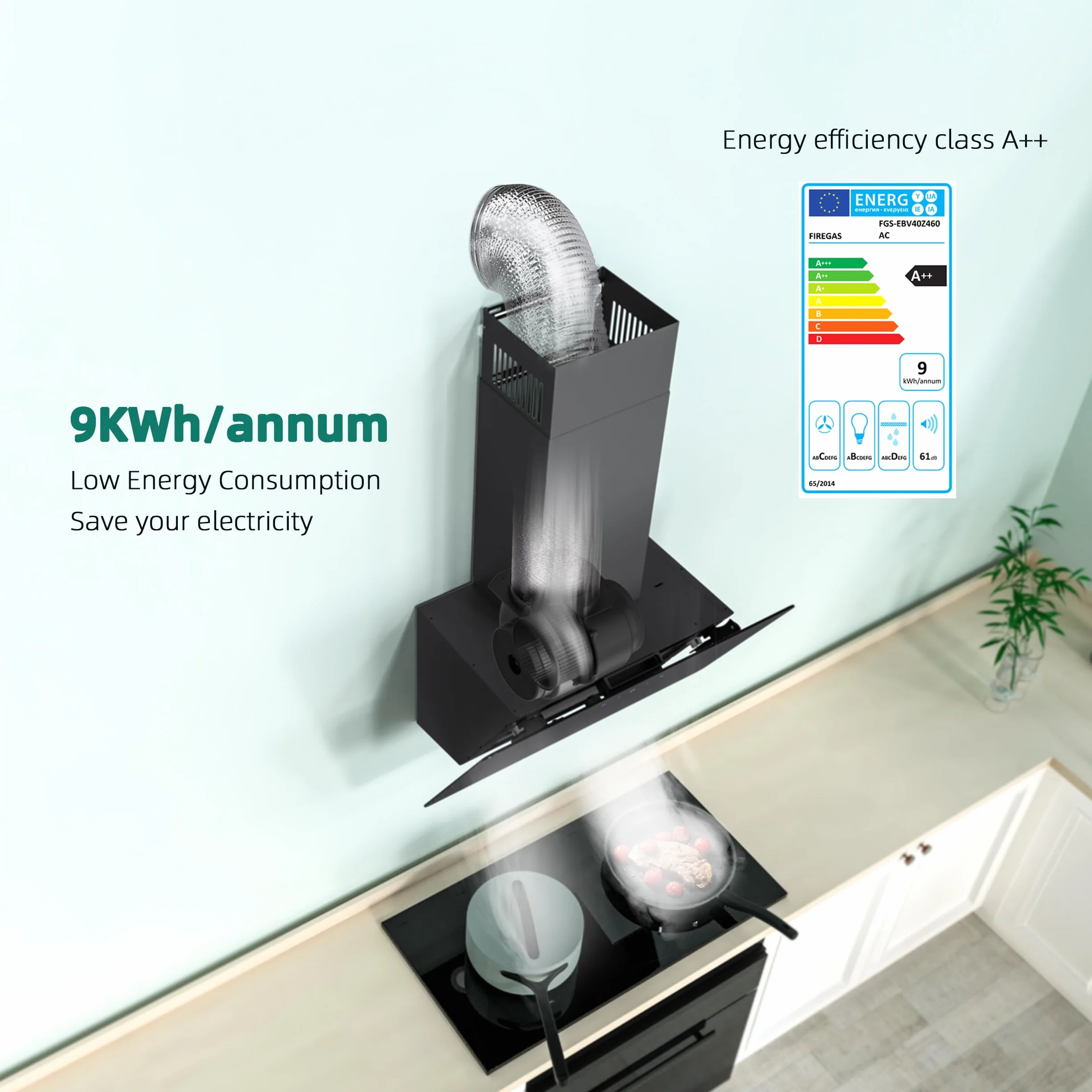 FIREGAS Okap kuchenny 60 cm, z dotykowym sterowaniem, diody LED, silnik bezszczotkowy, niski poziom hałasu, wydajny okap, skośny, wydajność A++