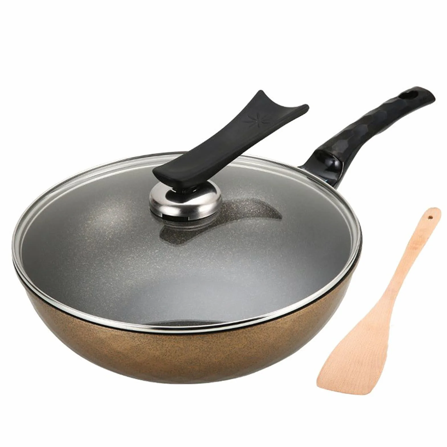 Patelnia woka, nieprzywierająca patelnia indukcyjna z pokrywką, patelnia do mieszania z kutego odlewu aluminiowego, 3-warstwowa powłoka zapobiegająca przywieraniu bez PFOA, granit (złota 30 cm)