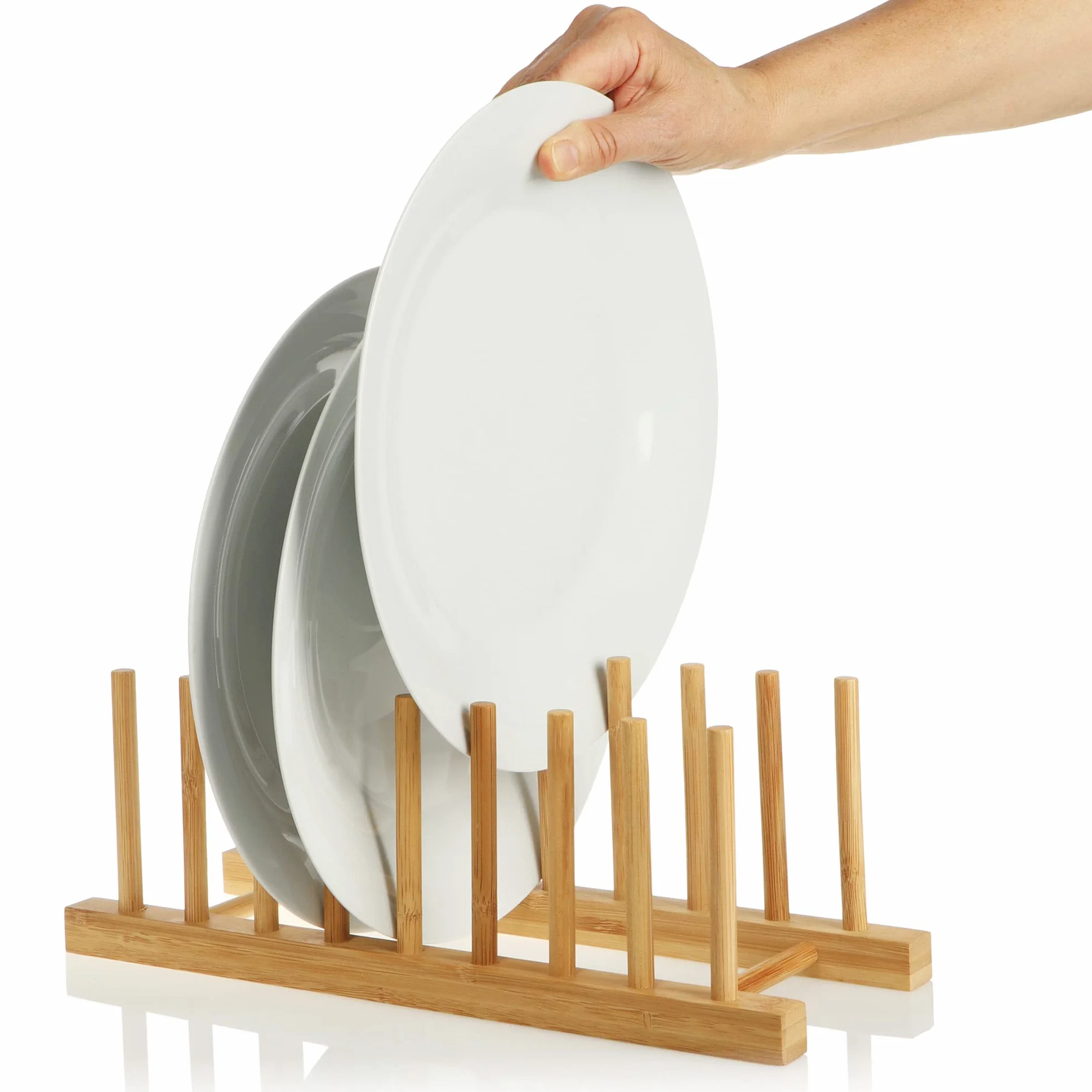 COM-FOUR® Bambusowy Stojak na Naczynia - Nowoczesny Organizer do Kuchni - Solidny Uchwyt na Talerze i Pokrywy (1 Sztuka - 34x12,5x12cm Brąz)