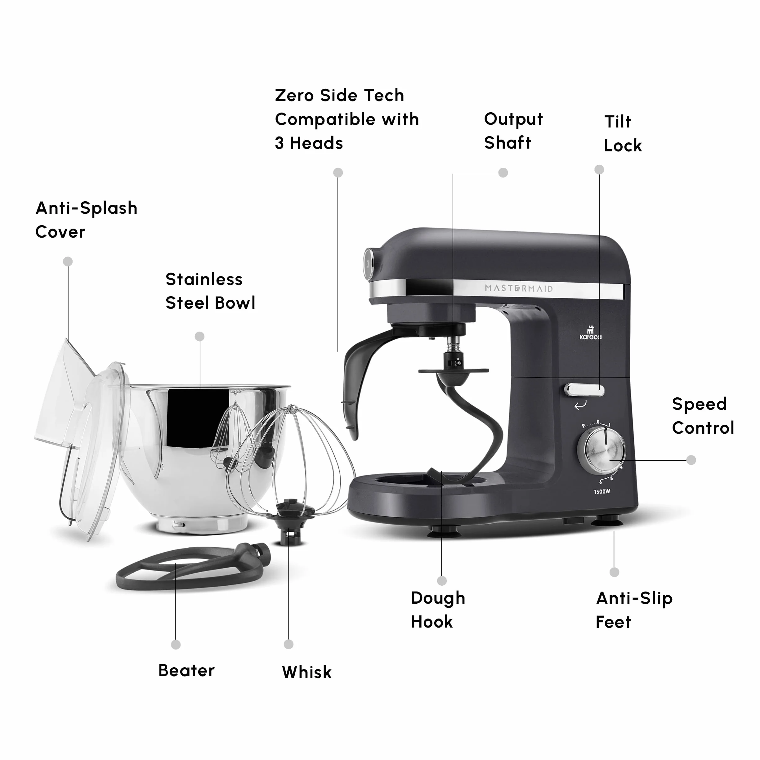 Karaca Mastermaid Chef Pro kuchenka dwuramieniowa, 1500 W, gwiezdna szarość, 1500 W, mikser 5 l, mikser kuchenny, regulacja prędkości, hak do ugniatania, ubijanie,