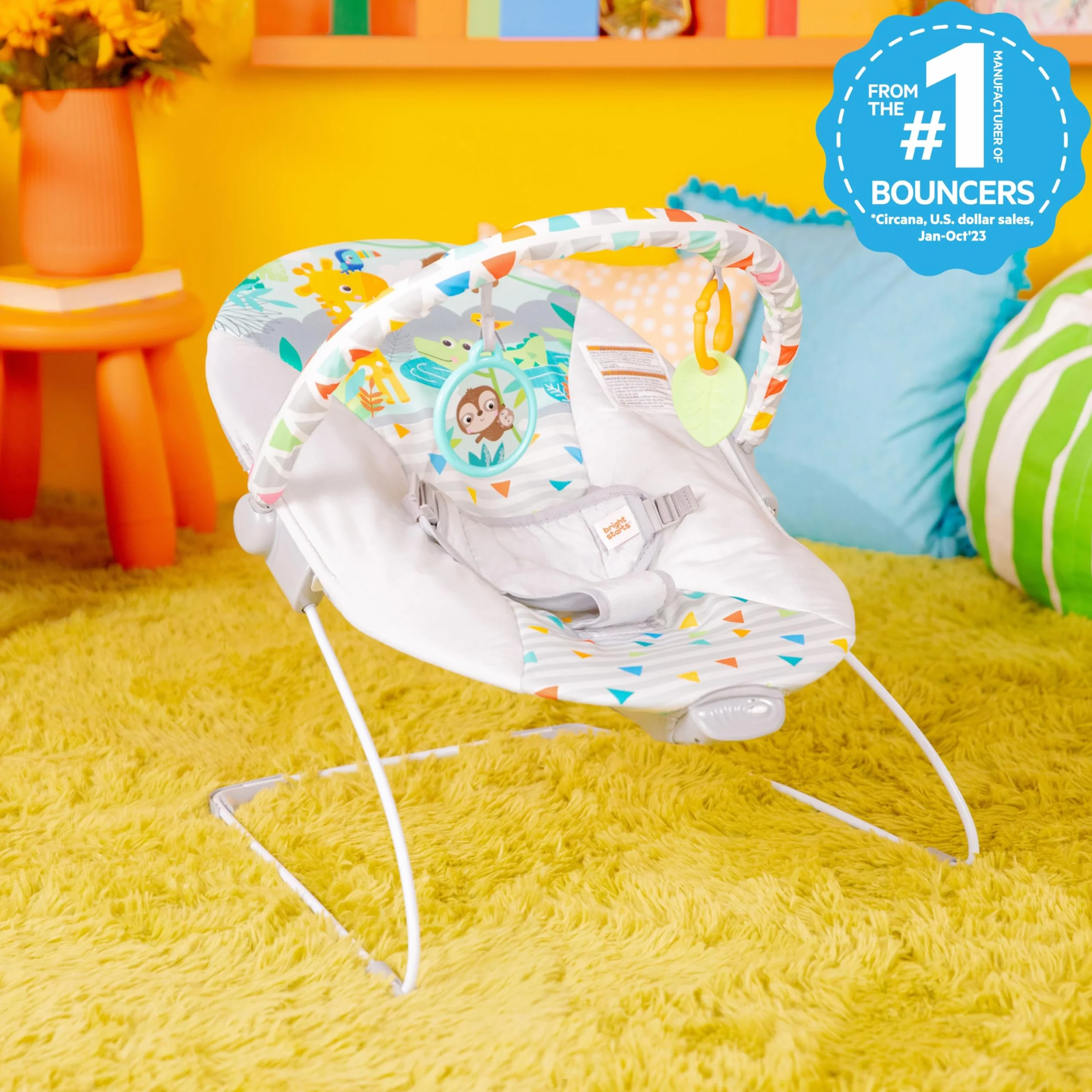 Bright Starts, Łopatka dla niemowląt, Safari Fun z uspokajającymi wibracjami, poduszka do siedzenia, nadająca się do prania w pralce, antypoślizgowe nóżki i 2 zabawki